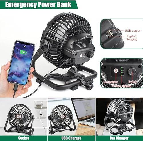 Miniatura 4 de Hitish Ventilador de camping con linternas LED, ventilador de 7800 mAh, recargable, funciona con pilas, con banco de energía, motor sin escobillas,