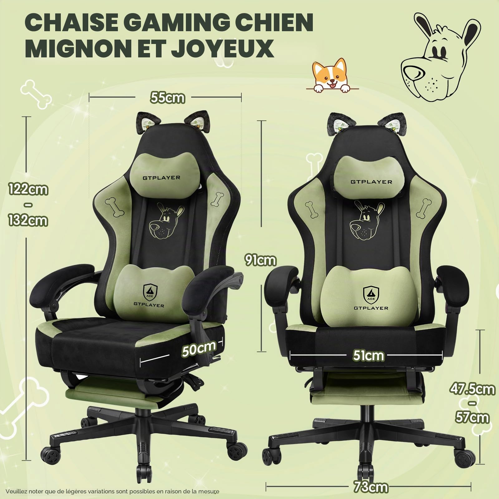 GTPLAYER Adorable Chaise de Gaming Ergonomique en Velours avec Oreilles de Chat, Mousse à mémoire de Forme et Repose-Pieds - 150 kg - Vert