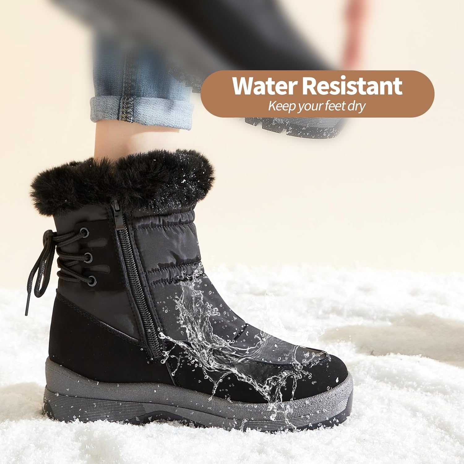 XRH Women's Black Waterproof Snow Boots Winter Mid Calf Fur Lined Boots for Women Non-Slip Fuzzy Platform Booties for Cold Weather - Image 2