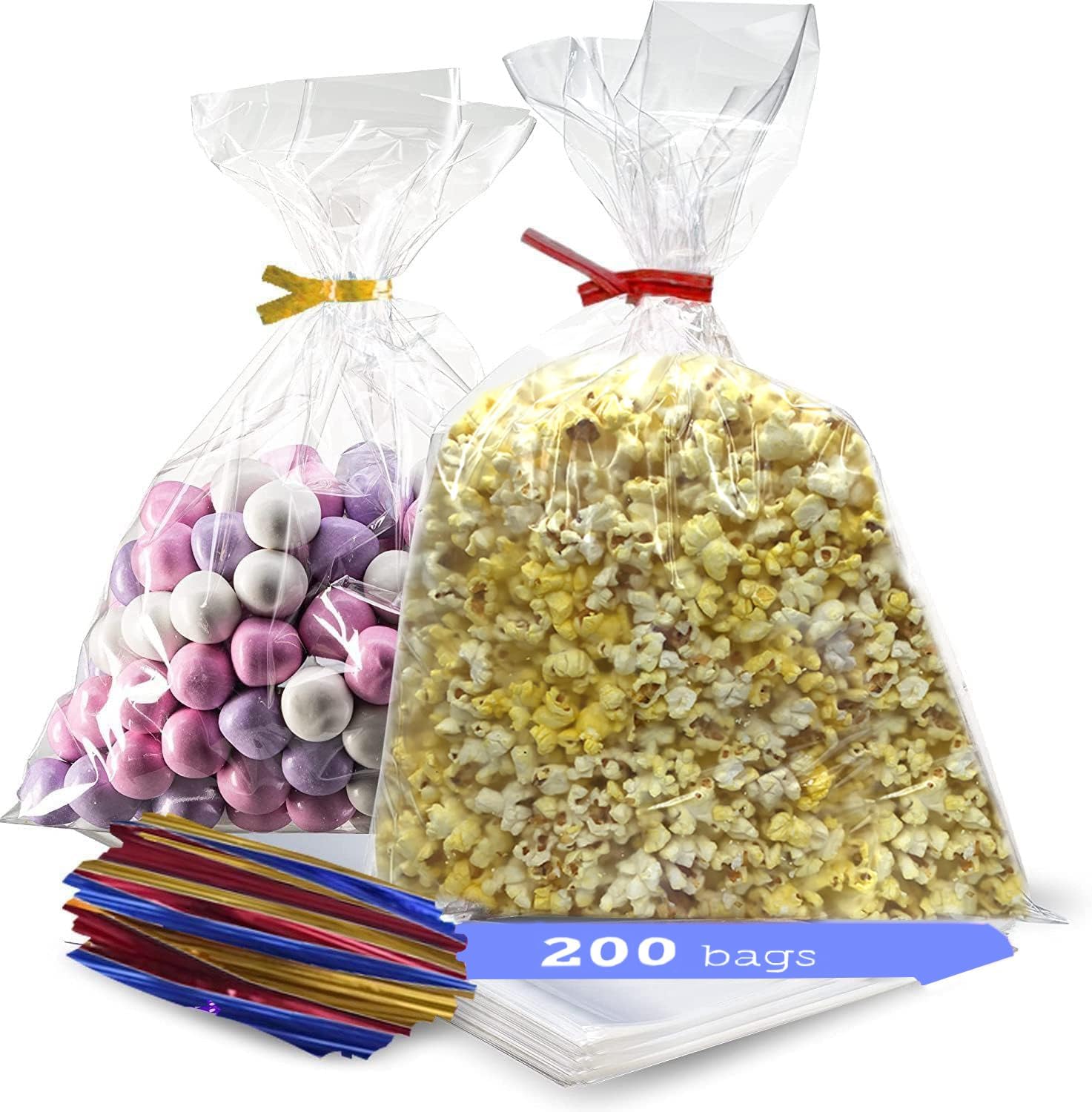 Clear Treat Bags (200 pack) 5x7 Clear Plastic Gift Bags with 4” Twist Ties 3 Mix Colors BPA