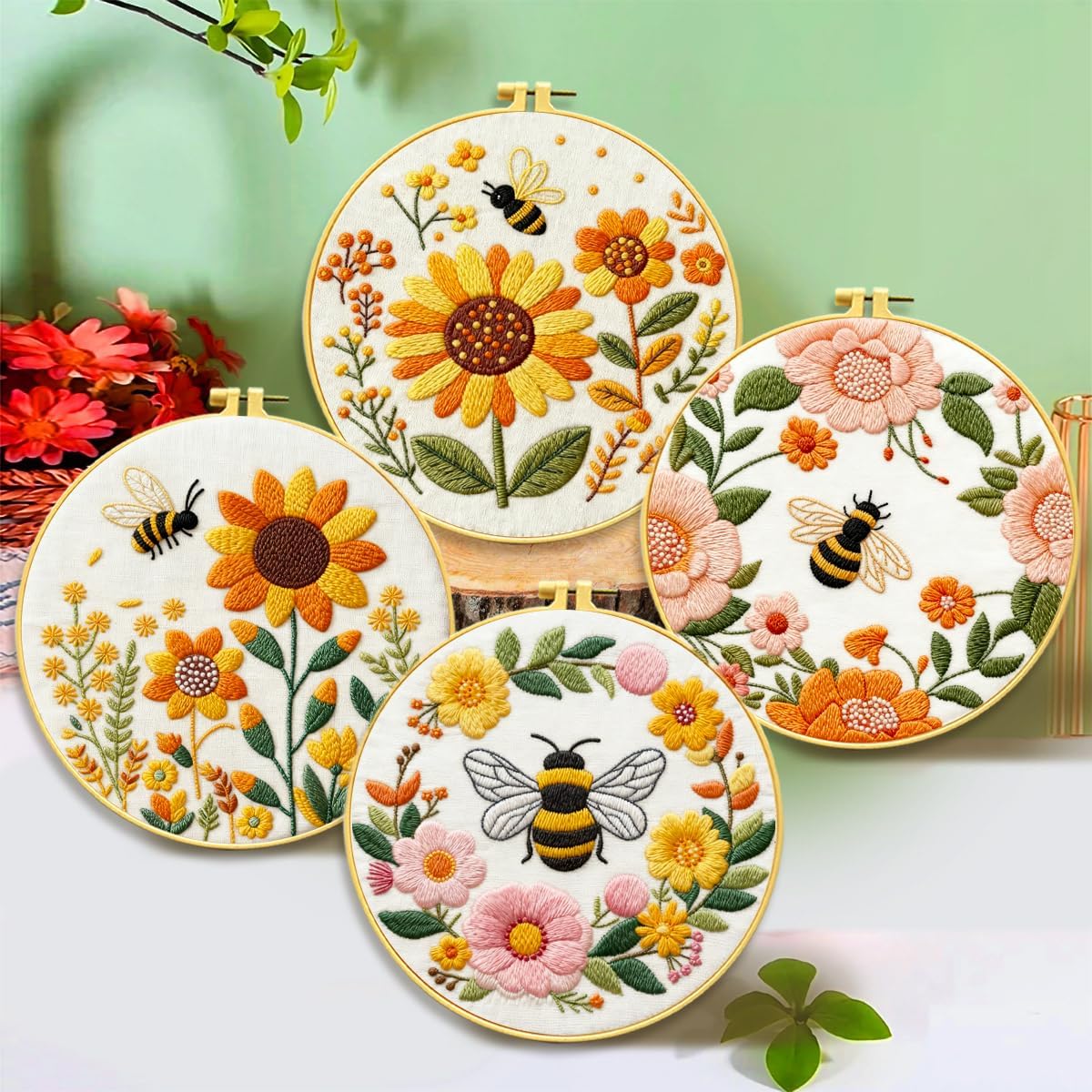 Zhenqing Cross Stitch Kit for Beginners, Flower Pattern and Butterfly Design, Stamped Embroidery Set (Flower Bee)