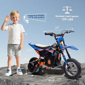 JoyWheel 24V Dirt Bike for Kids, 250W Motor 13.6MPH Fast Speed Kids Electric Dirt Bike, Electric Off-Road Motorcycle with Rear Wheel Suspension, Leather Seat, Metal Suspension, Blue