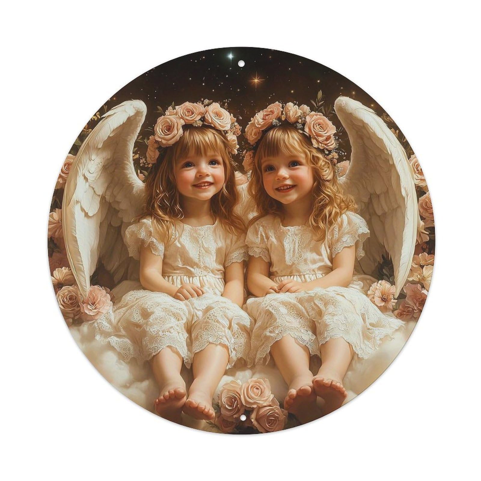 Twin Angels Floral Wings Pattern Retro Metal Tin Sign, Vintage Metal Poster for home, Gaming Room, Studio Workshop,Bar,Garage Wall Art Decor 8x8 inch