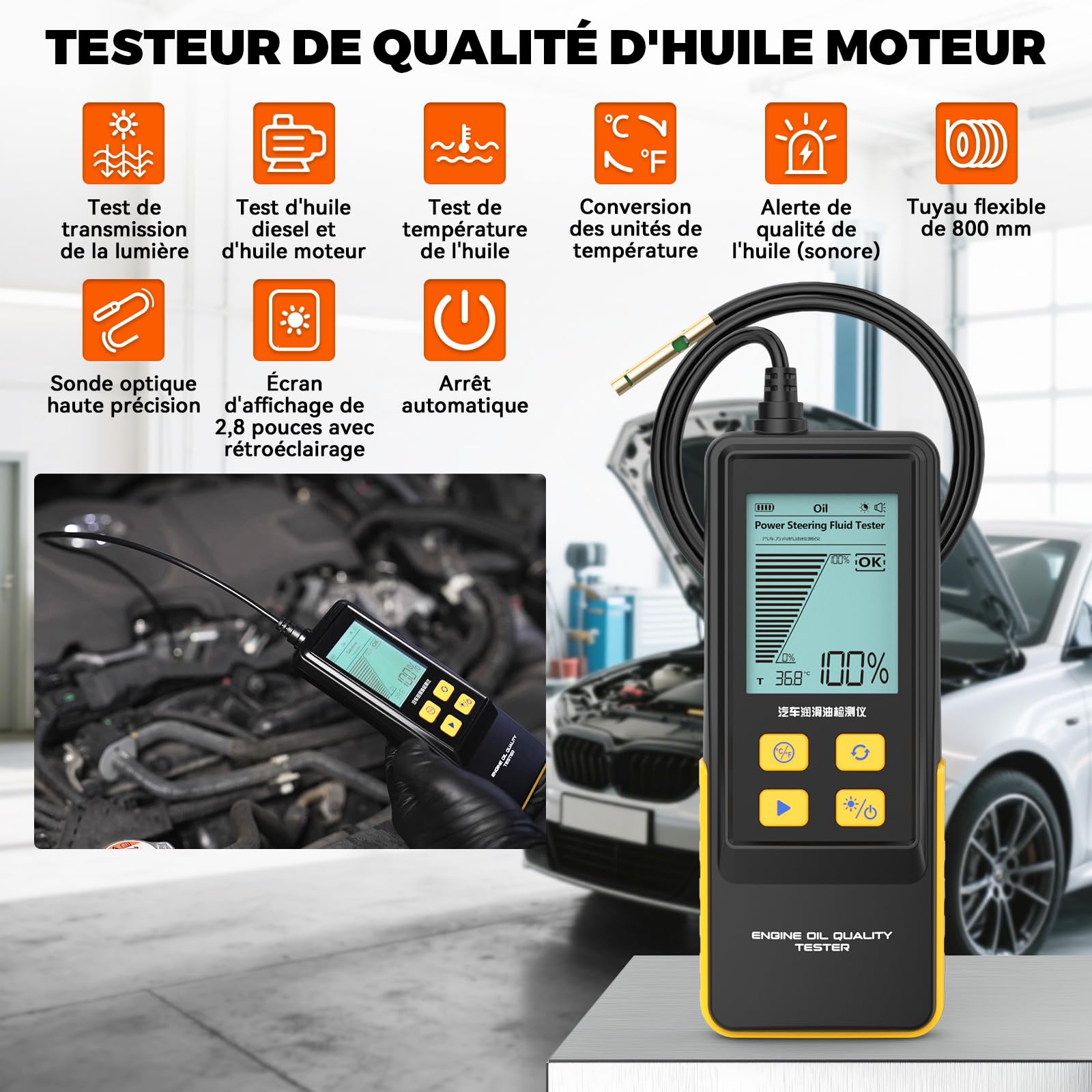 Testeur d'huile Moteur, Testeur de Qualité d'huile Moteur Essence et Diesel, Sonde Haute Précision, écran Rétroéclairé de 2,8 Pouces, Alertes Sonores