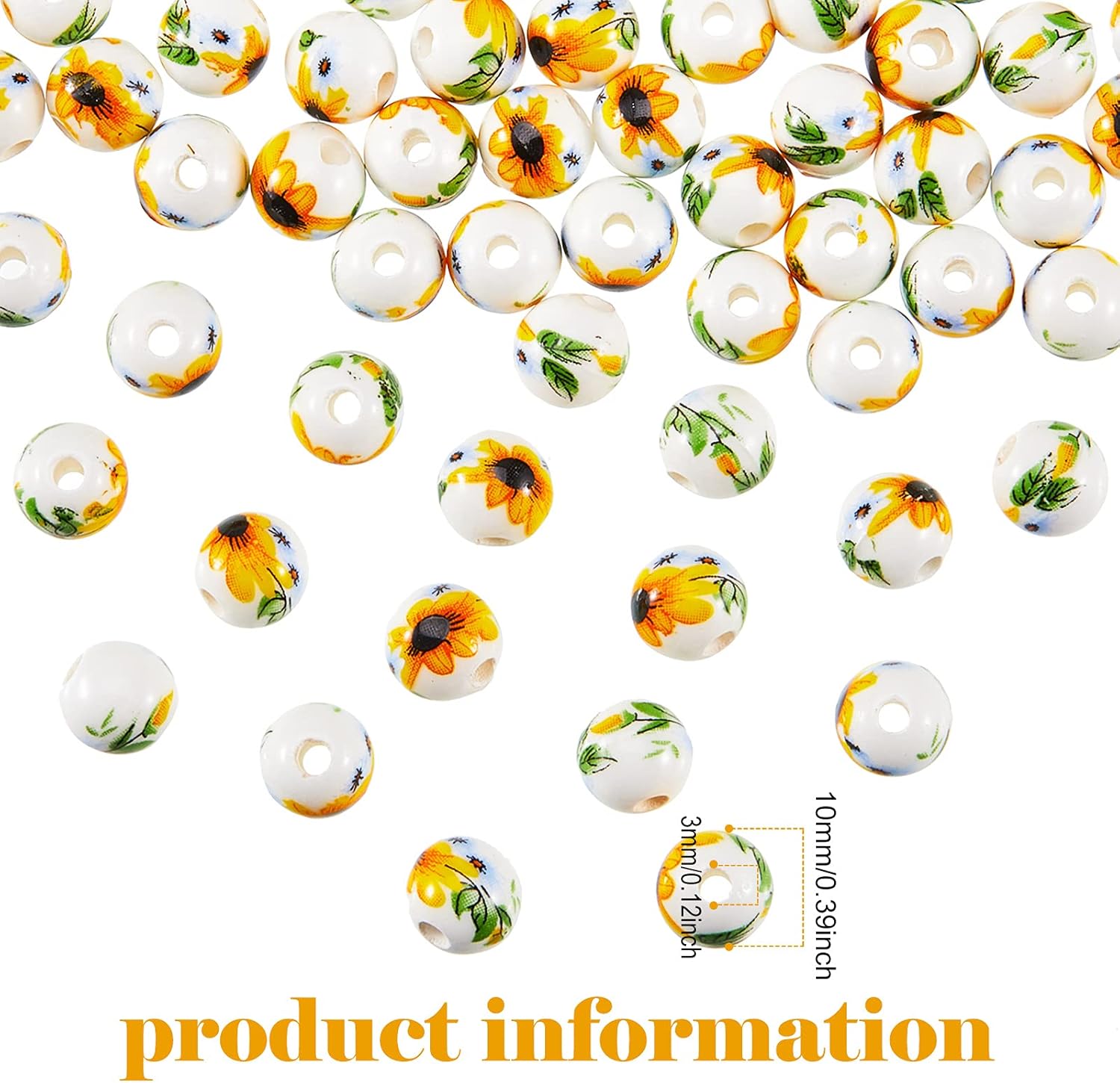 Hicarer 200 Pcs Ceramic Sunflower Beads 10 mm Summer Flower Ceramic Bead Round Porcelain Spacer Beads for Valentine's Day DIY Gifts Necklaces Earrings Bracelets Crafts Jewelry Making - Image 2