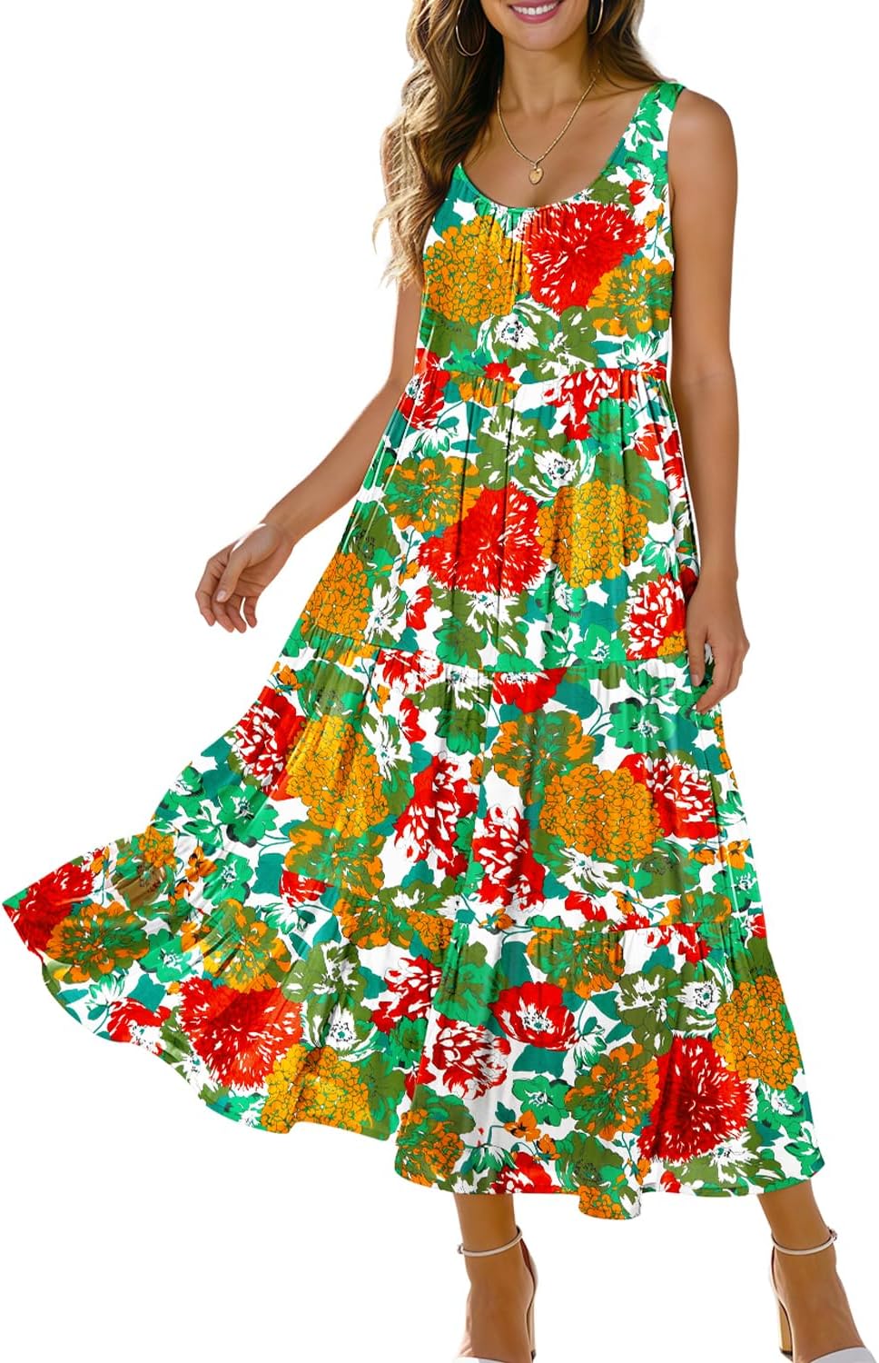 YESNO Women's Summer Cotton Dress Flowy Boho Floral Print Midi Sundress Casual Beach Dress with Pockets 2026 Fashion EVE