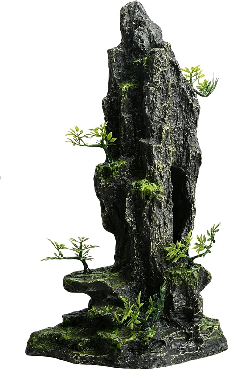Saim Fish Tank Decorations, 14.4'' Tall Mountain View Stone Aquarium Ornament, Artificial Mountain Hill View Stone Rock Cave Fish Hiding Cave for Betta Amano Shrimp Cichlid to Play,Hide and Rest - A