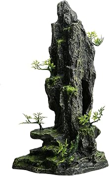 Saim Fish Tank Decorations, 14.4 Tall Mountain View Stone Aquarium Ornament, Artificial Mountain Hill View Stone Rock Cave Fish Hiding Cave for Betta Amano Shrimp Cichlid to Play,Hide and Rest - A