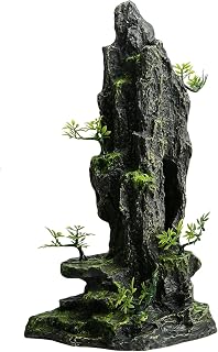 Saim Fish Tank Decorations, 14.4'' Tall Mountain View Stone Aquarium Ornament, Artificial Mountain Hill View Stone Rock Cave Fish Hiding Cave for Betta Amano Shrimp Cichlid to Play,Hide and Rest - A