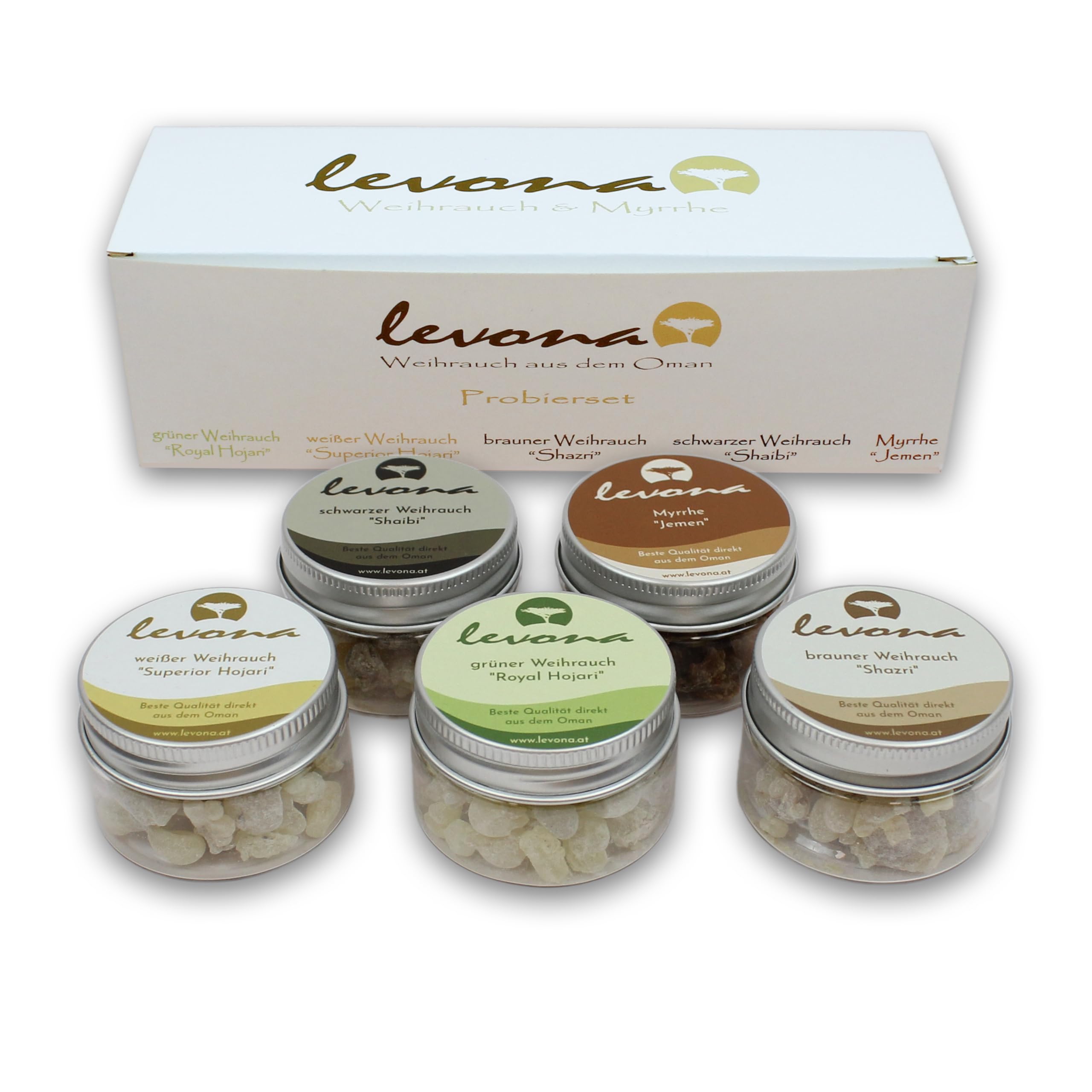 Levona Weihrauch & Myrrhe aus Oman [5er Set] - Grün, Weiß, Braun, Schwarz & Myrrhe - Räucherharz des Boswellia Sacra