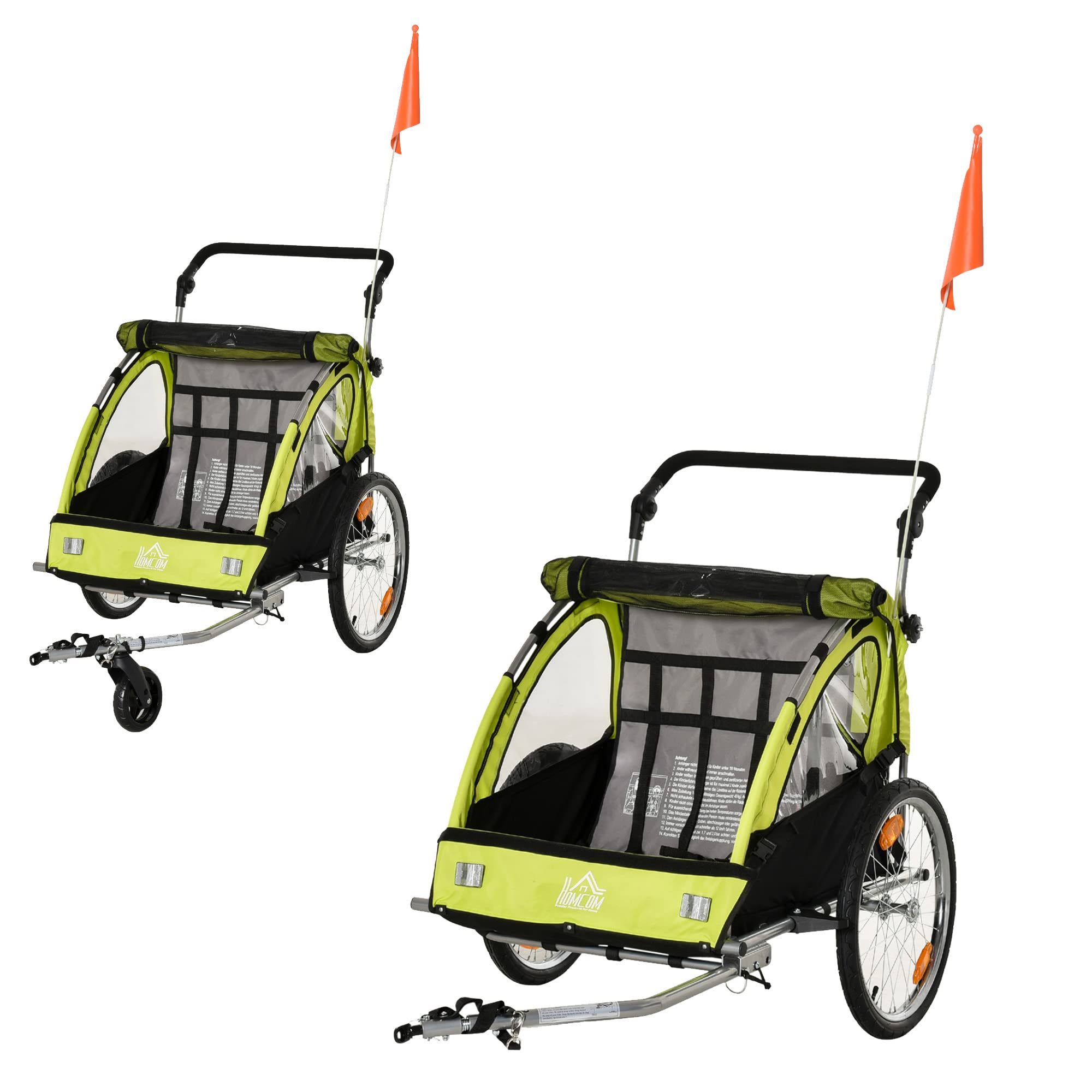 HOMCOM Remolque de bicicleta 2 en 1 con bolsa de almacenamiento de dos capas de tubo de acero oxford verde + negro, 160 x 84 x 106 cm