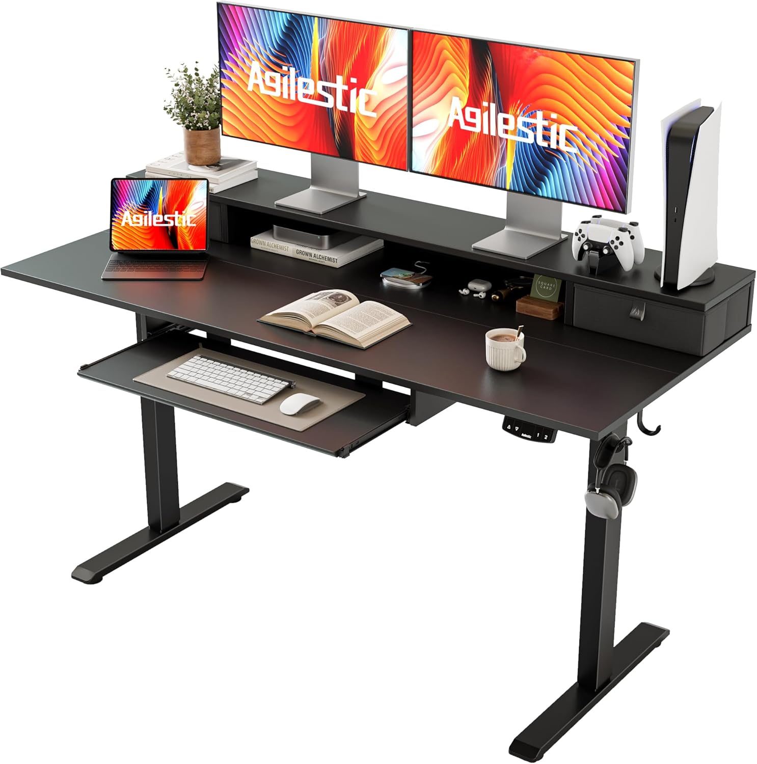 Electric Standing Desk with 2 Drawers and Keyboard Tray, 55 x 24 Inches Ergonomic Adjustable Height Desk with Storage, Sit Stand up Desk Computer Workstation, Black 55 x 24 Inches with keyboard tray Black