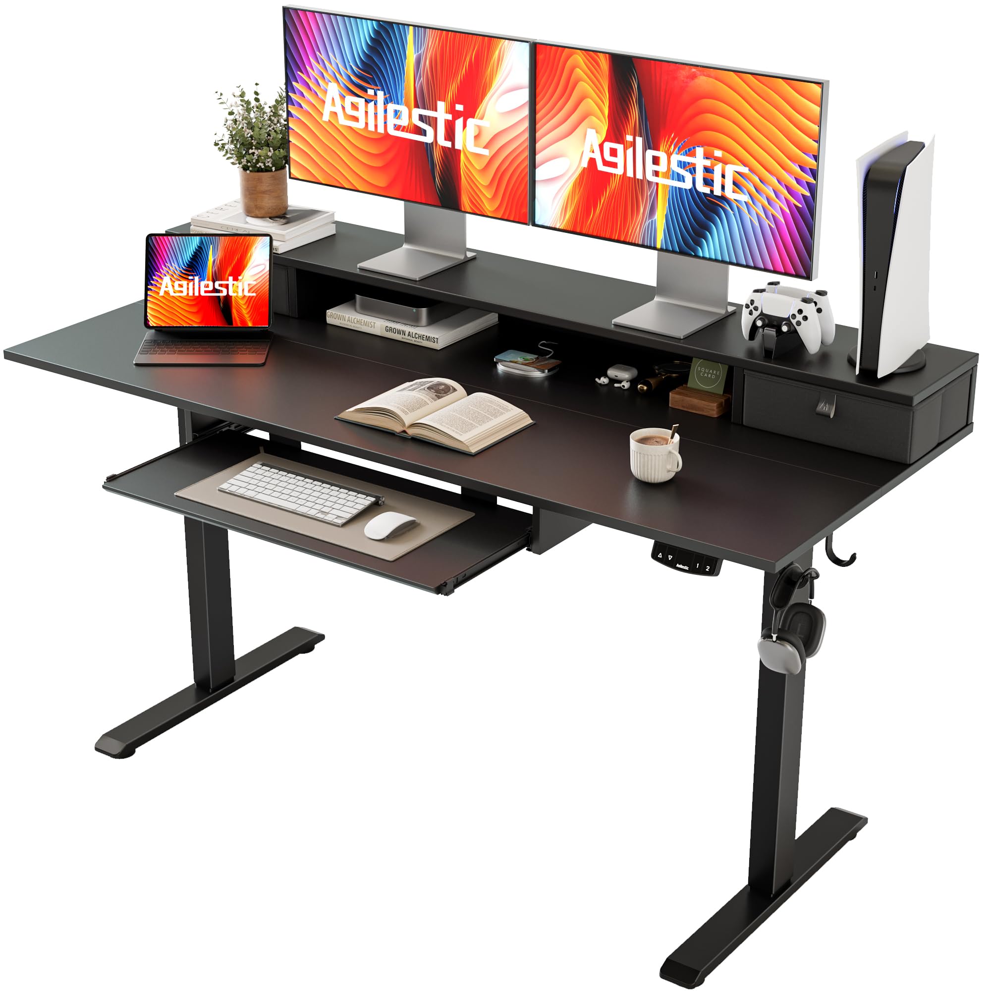 Electric Standing Desk with 2 Drawers and Keyboard Tray, 55 x 24 Inches Ergonomic Adjustable Height Desk with Storage, Sit Stand up Desk Computer Workstation, Black