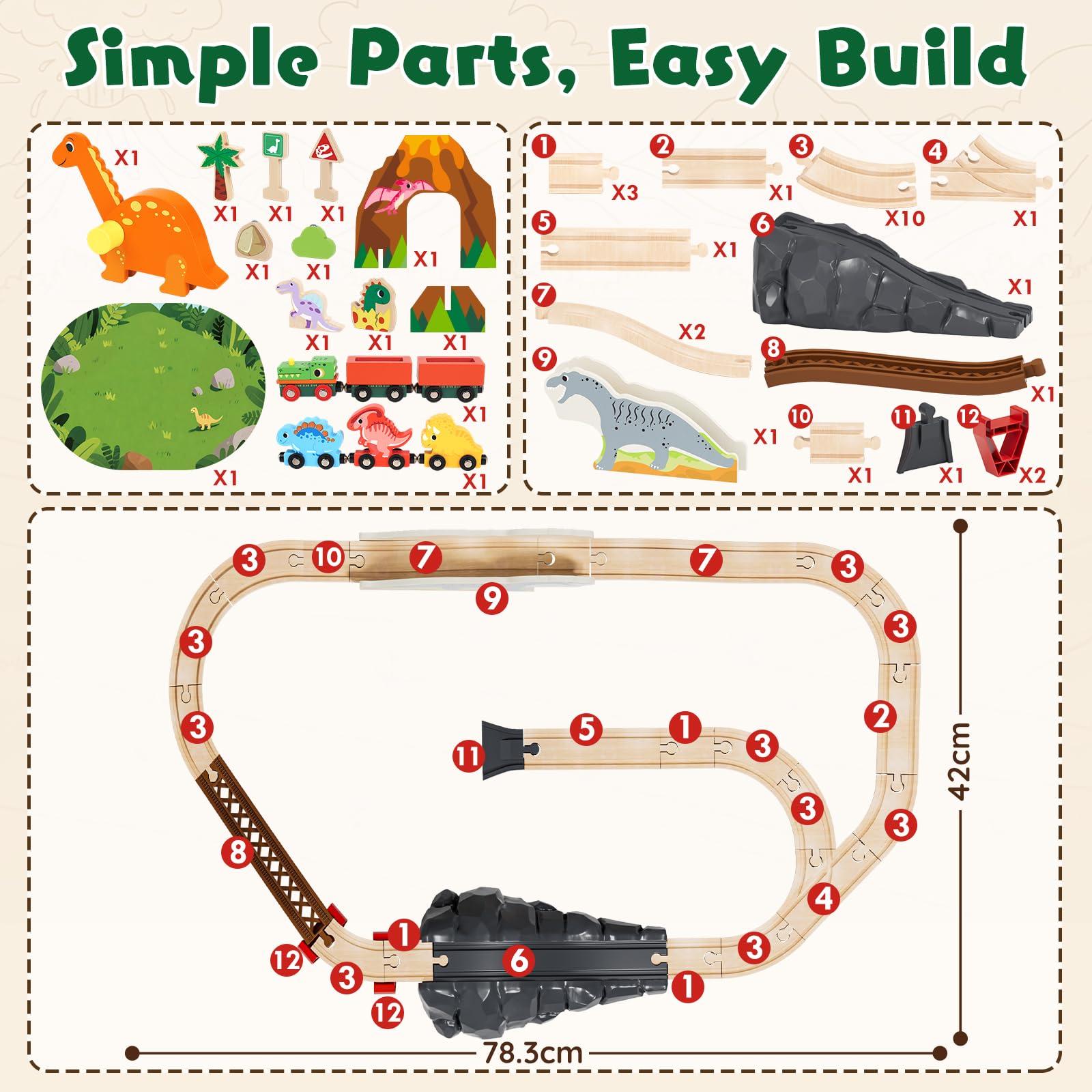 Lehoo Castle Tren Madera, Juguete de Dinosaurios para Niños, Juguete de Tren Compatible con Thomas, Brio y Hape, Regalo para Niños y Niña