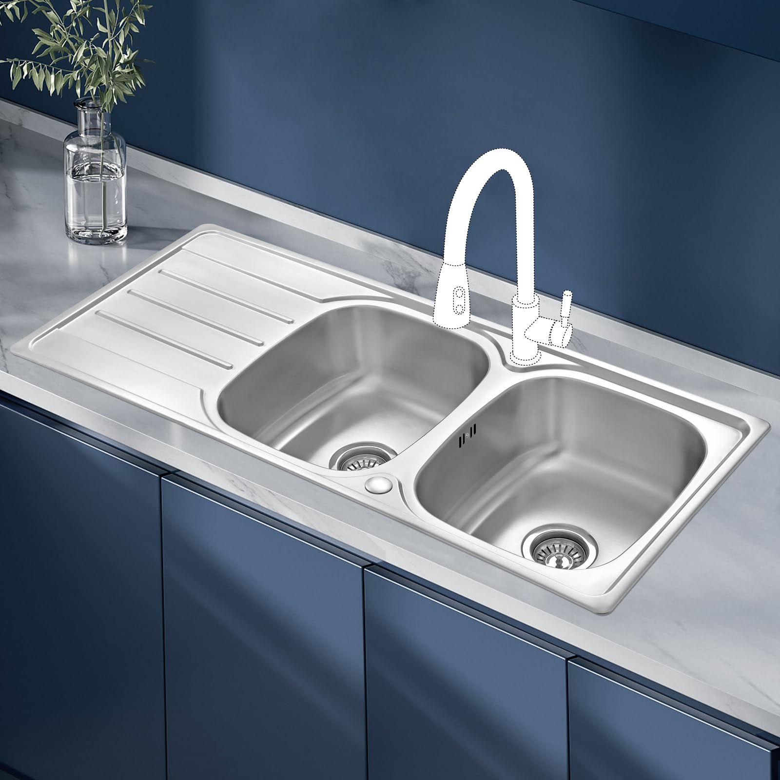 JASSFERRY Lavello da cucina 2 Vasca doppia in Acciaio Inox Spazzolato, scolapiatti reversibile Lavandino, con set di rifiuti
