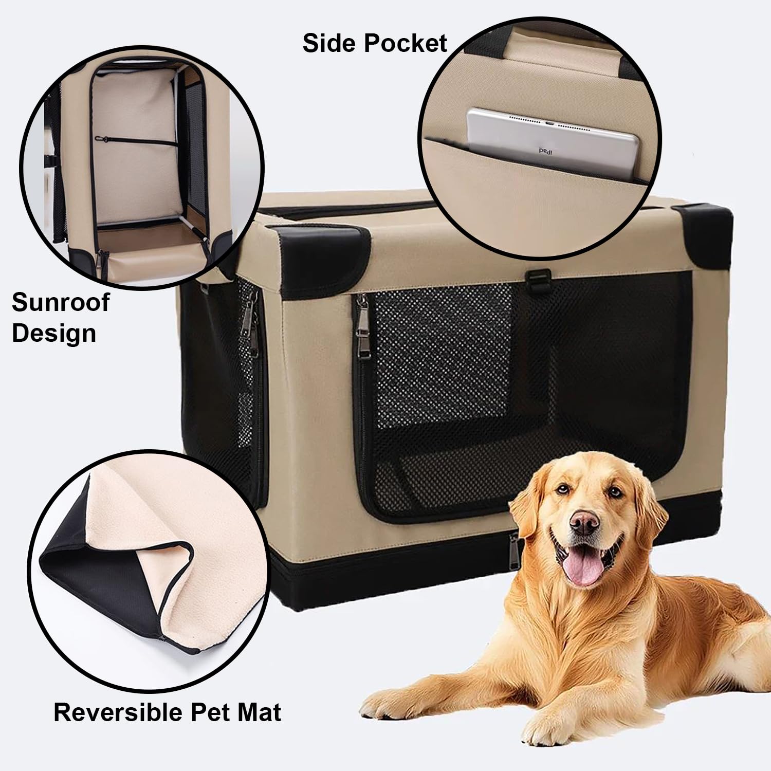 Hundebox Faltbar, Transportbox Katze Groß,Weicher Haustier-Transportkorb (82x59x59CM) zum Reisen,Hundetransportbox Auto für Zuhause Verstellbarer Stoffbezug mit Spiraleisenrohr