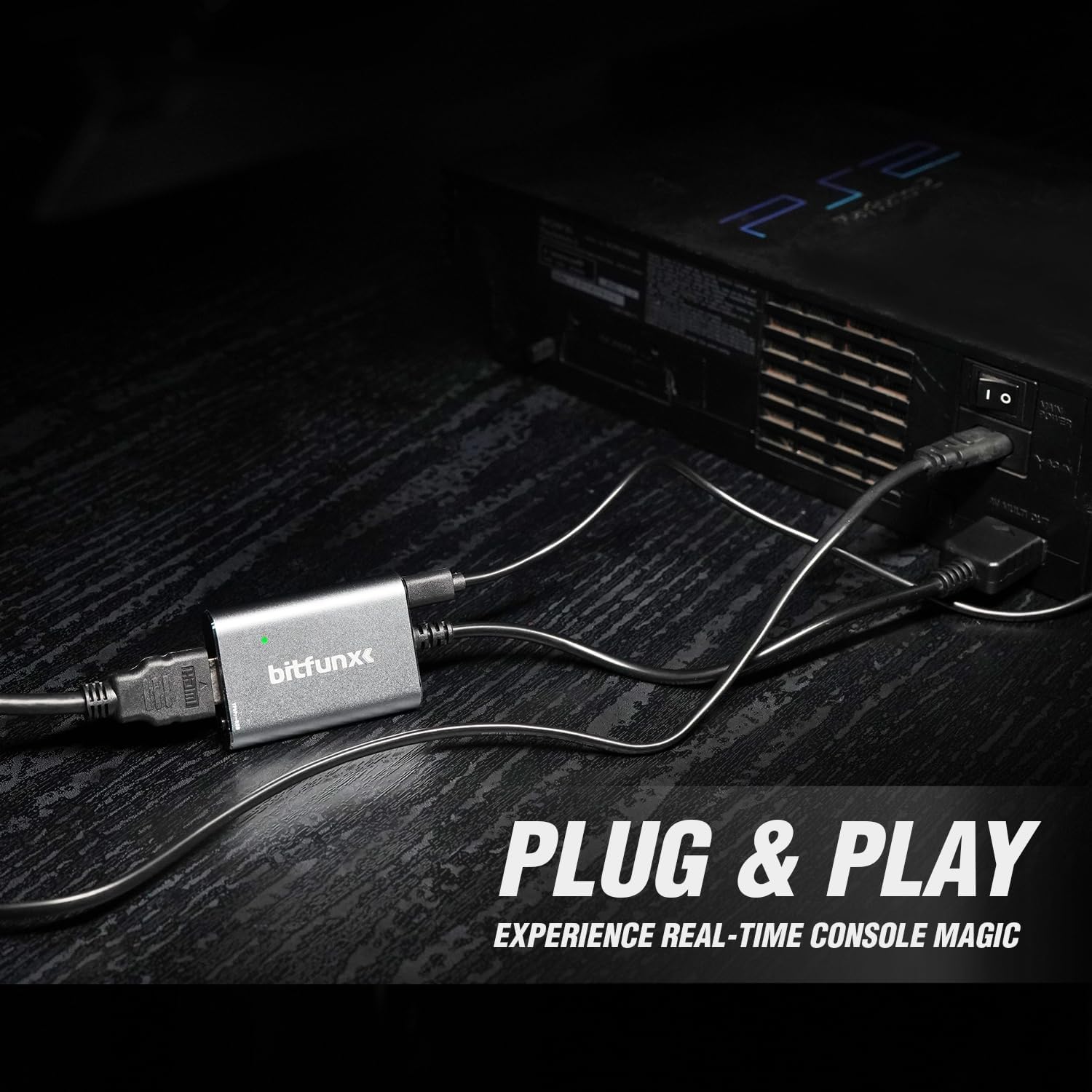 Image showing the BITFUNX PS2 HDMI Adapter connected to a PlayStation 2 console and an HDMI cable, with the text 'PLUG & PLAY' and 'EXPERIENCE REAL-TIME CONSOLE MAGIC'.