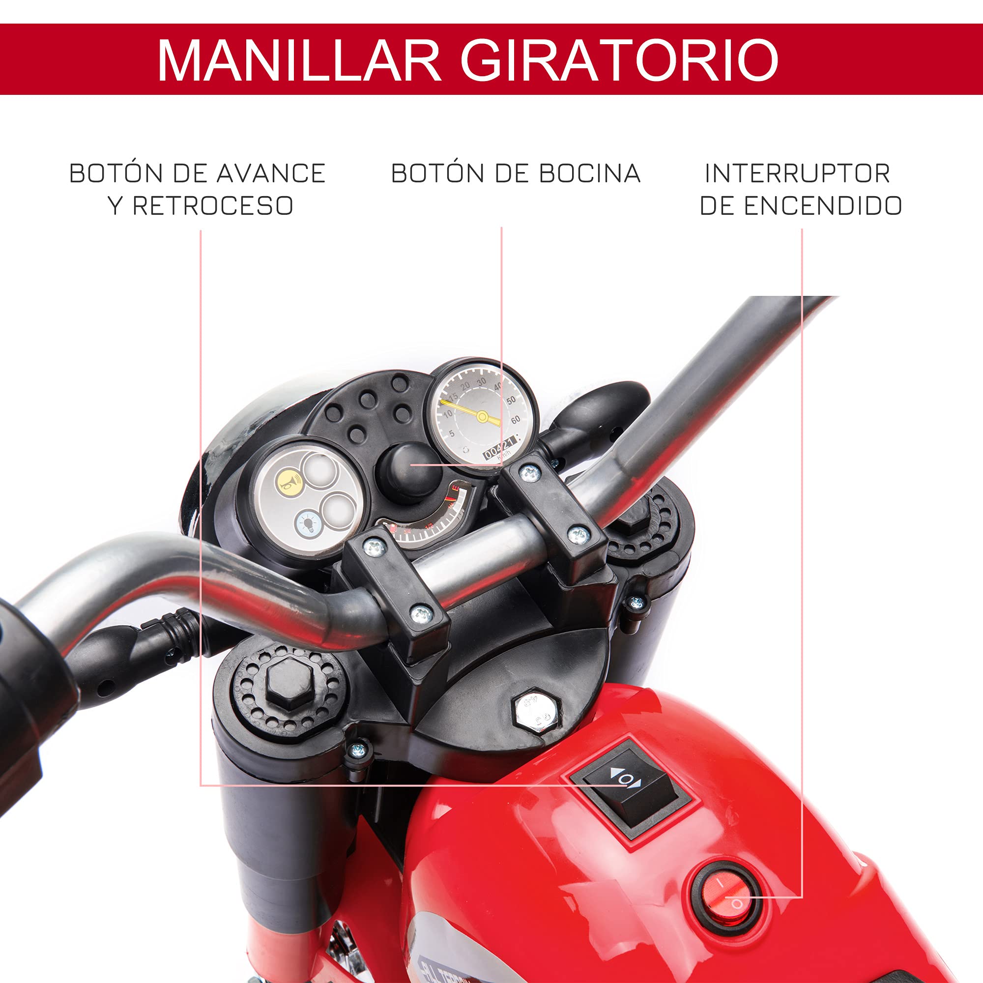 HOMCOM Moto Eléctrica Infantil con 3 Ruedas Triciclo 18-36 Meses Rojo | Triciclo a Batería 6V, con Faro, Bocina, 72x57x56 cm