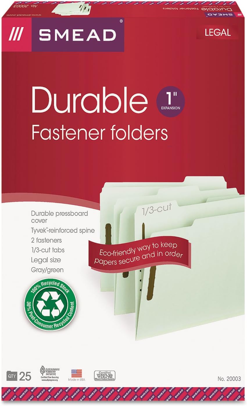 Smead 100% Recycled Pressboard Fastener File Folder, 2 Fasteners, 1/3-Cut Tab, 1" Expansion, Legal Size, Gray/Green, 25 per Box (20003)