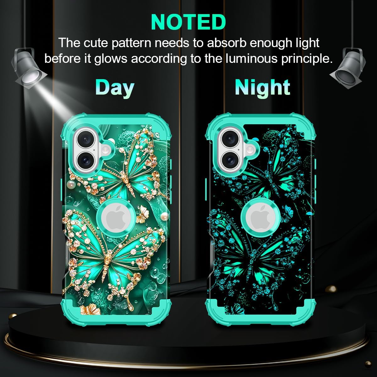 Miqala for iPhone 16 Plus Case,Glow in The Dark Three Layer Heavy Duty Shockproof Protection Hard Plastic Bumper+Soft Silicone Case for Apple iPhone 16 Plus,Blue Green - Image 3