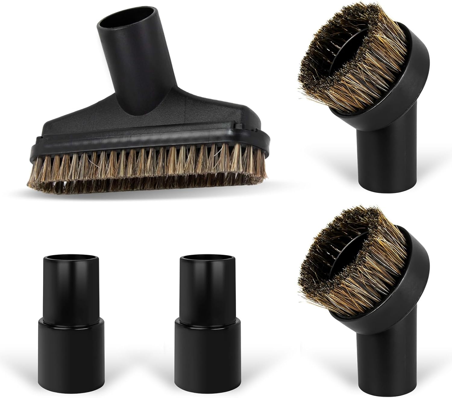 5PCS Horse Hair Brush Vacuum Attachment Set - Black Round Vacuum Attachments & Brushes - 5.9 In Long Floor Brush & Shop Vac Brush Attachment - 1 1/4" Vacuum Cleaner Adapter Included