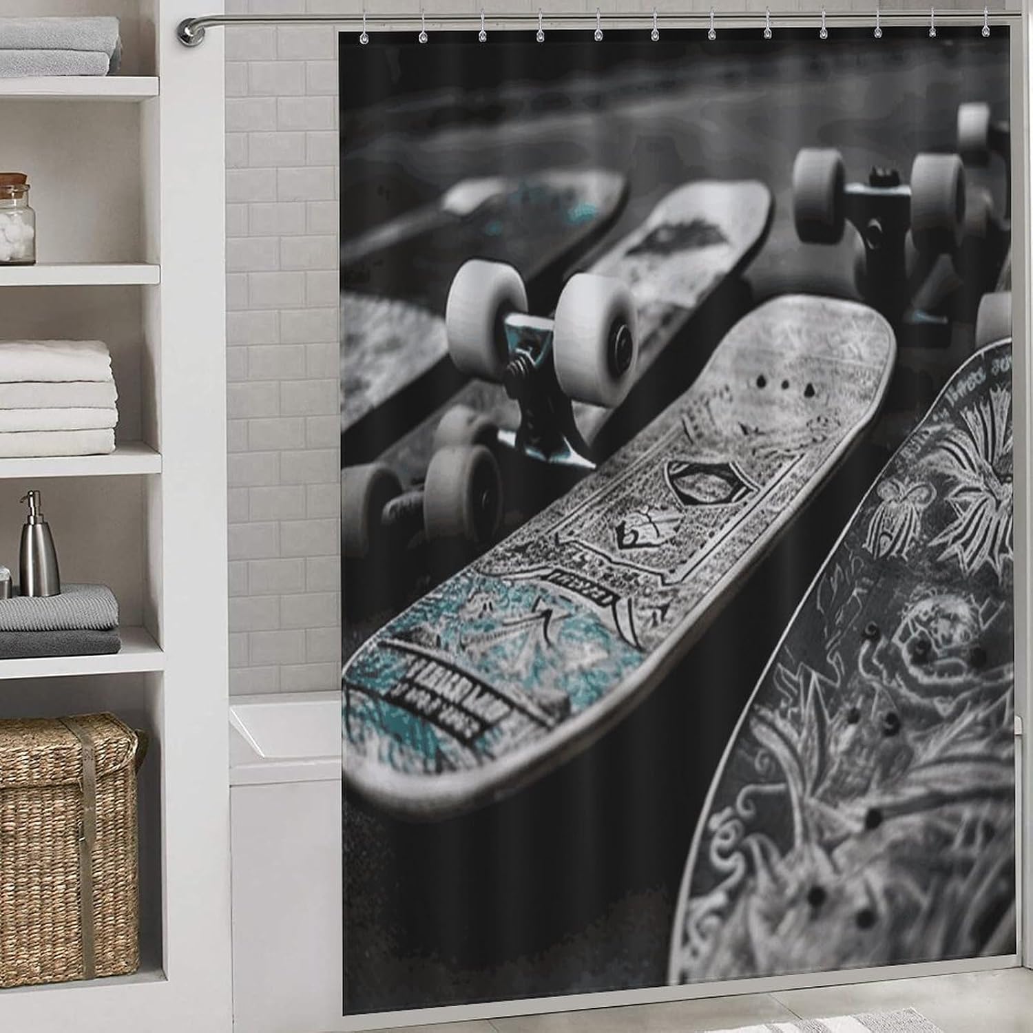 Shower Curtains Liner, Skate Boards Printed Waterproof Fabric Shower Curtain Liner Bath Curtain with Rust Proof Grommets 72x72 Inches