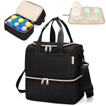 Fasrom Wearable Breast Pump Bag with Breastmilk Cooler Compartment | Portable Pumping Case Compatible with Momcozy, Medela and Willow Pumps, Pump Parts Storage, Includes Drying Mat, Black