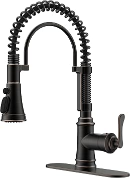 FORIOUS Kitchen Faucet with Pull Down Sprayer, Oil Rubbed Bronze, Stainless Steel Single Handle Spring Antique Kitchen Sink Faucet with Deck Plate, Sutiable for Farmhouse, RV, Camper, Wet Bar