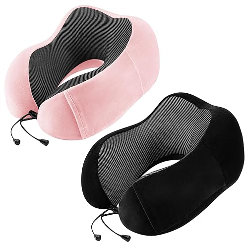 urnexttour Neck Pillow Airplane-2 Pack Memory Foam Travel Pillow, Soft Support Travel Neck Pillow for Travelling, Sleeping Rest, Car, Train and Home Use (Black&Pink) - 2 - Black&pink