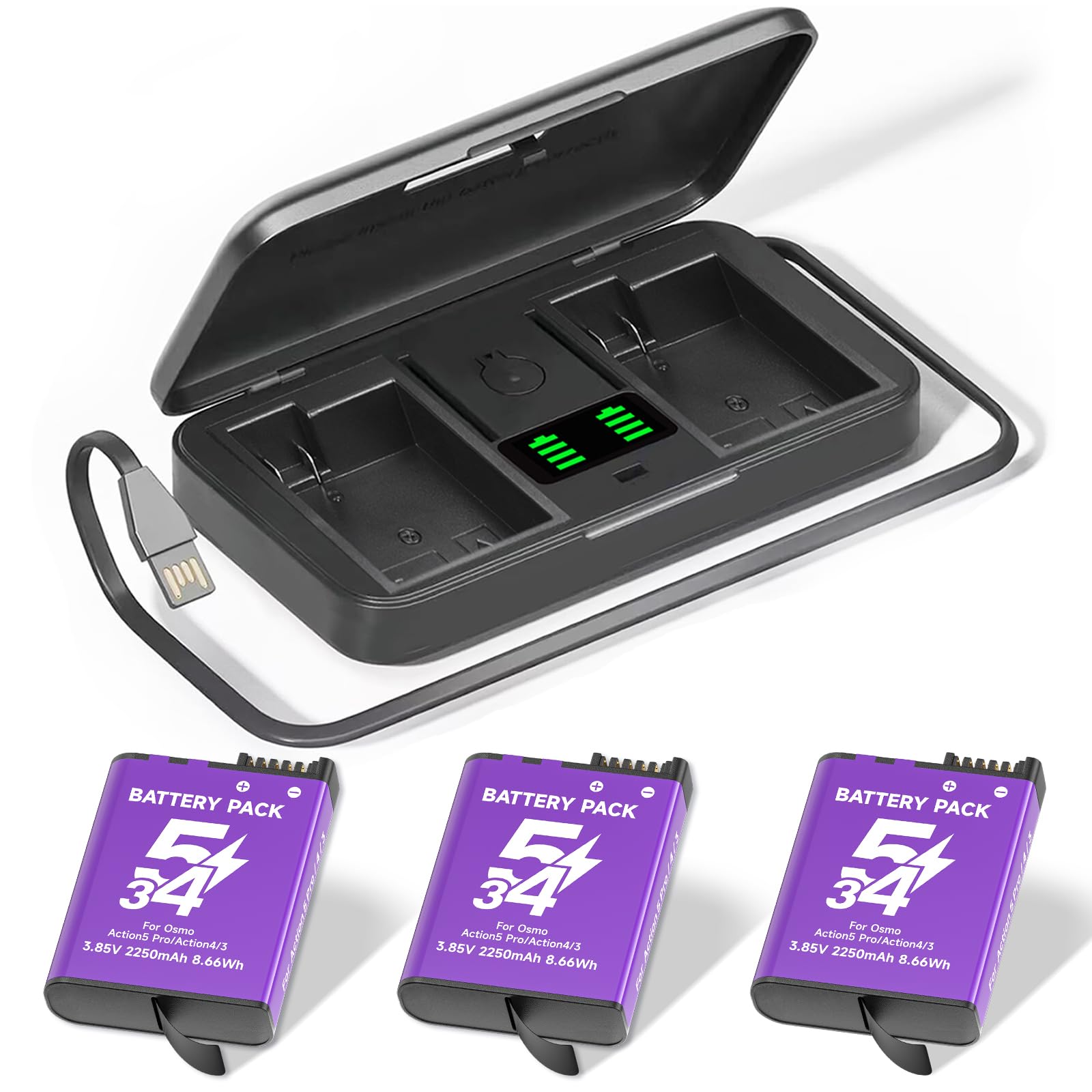 CITYORK 2250 mAh (Paquete de 3) Kit de Cargador de batería para dji Osmo 360/ dji Osmo Action 6 Pro/Action 5 Pro/Osmo 4 /Osmo 3 Sport Camera, y Ranuras de Doble Canal, con Pantalla LCD y Cable USB
