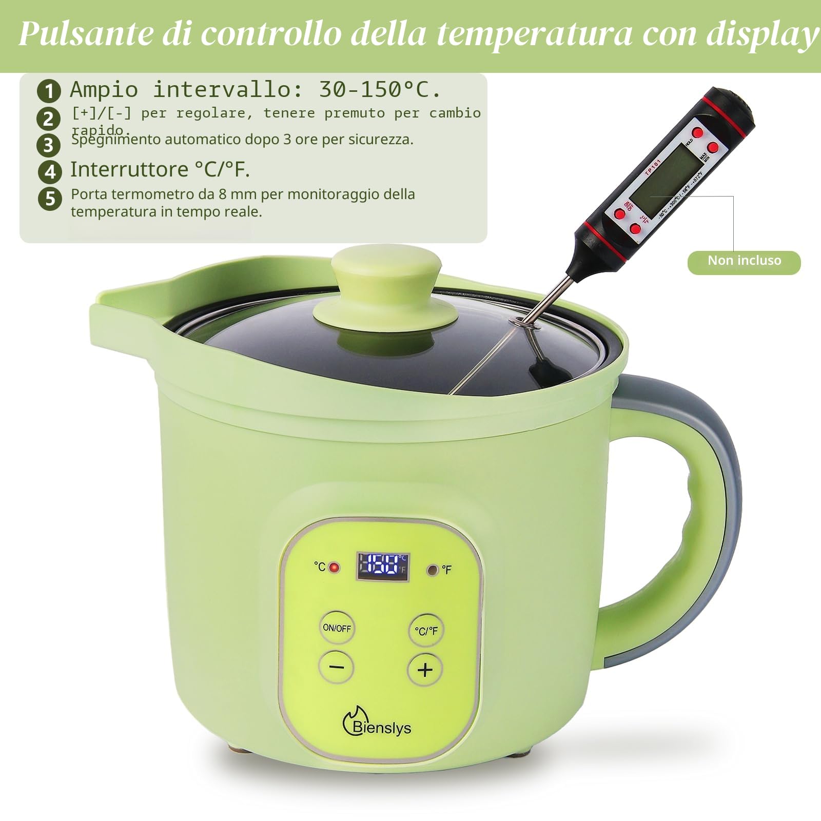 Bienslys Sciogliceera Elettrico 1,5L - Controllo temperatura 30-150°C - Rivestimento antiaderente - Beccuccio antigoccia - Per cera di soia, sapone e fai da te
