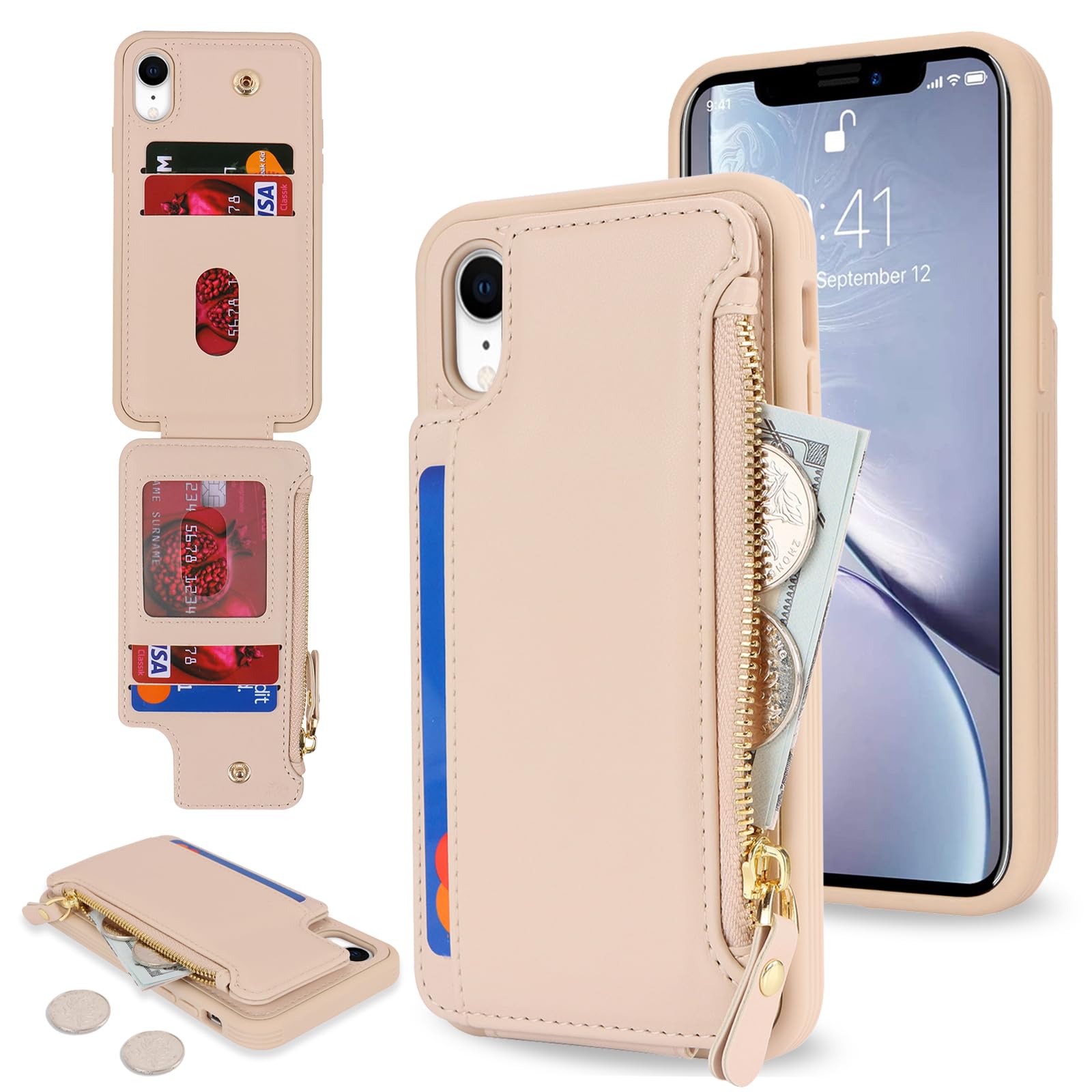 Cavor for iPhone Xr Wallet Case with Card Holder, Cream | PU Leather Magnetic Clasp Zipper Pocket Protective Phone Cover for Women Men