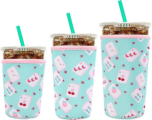 YR Reusable Neoprene Insulator Sleeve for Iced Coffee Cups, 3 Pack Coffee s sleeves for Iced & Hot Drinks, Cold Beverage Cooler Compatible with Starbucks Coffee and More (Cute Mahjong)