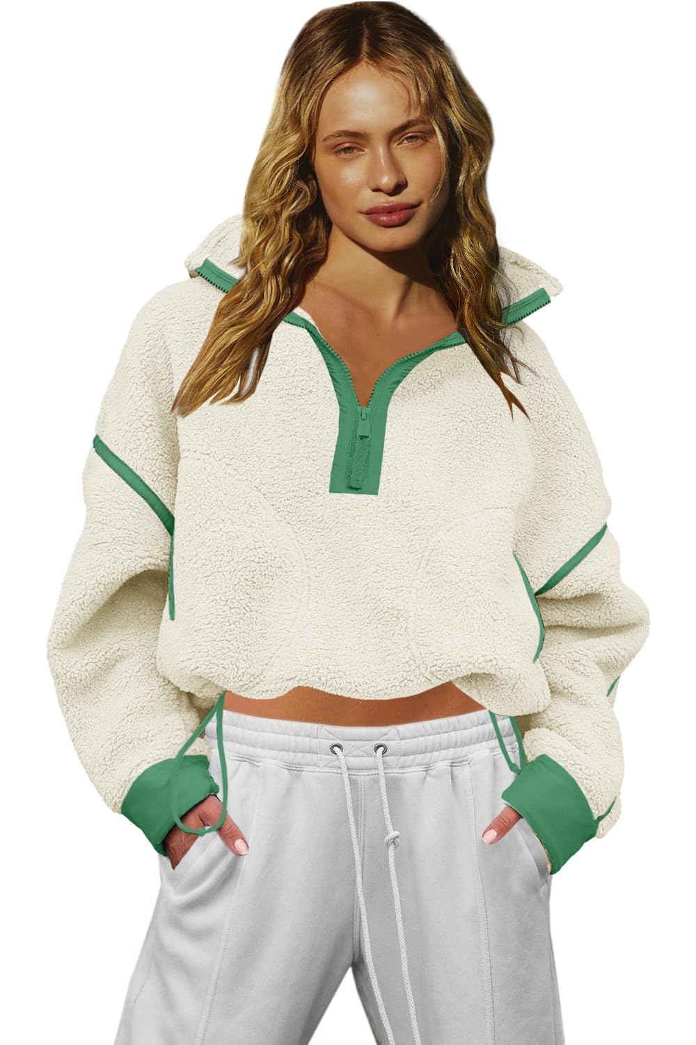 LAMISSCHE Half Zip Sweatshirt Women Oversized Sherpa Jacket V Neck Fleece Pullover Hoodie with Pockets