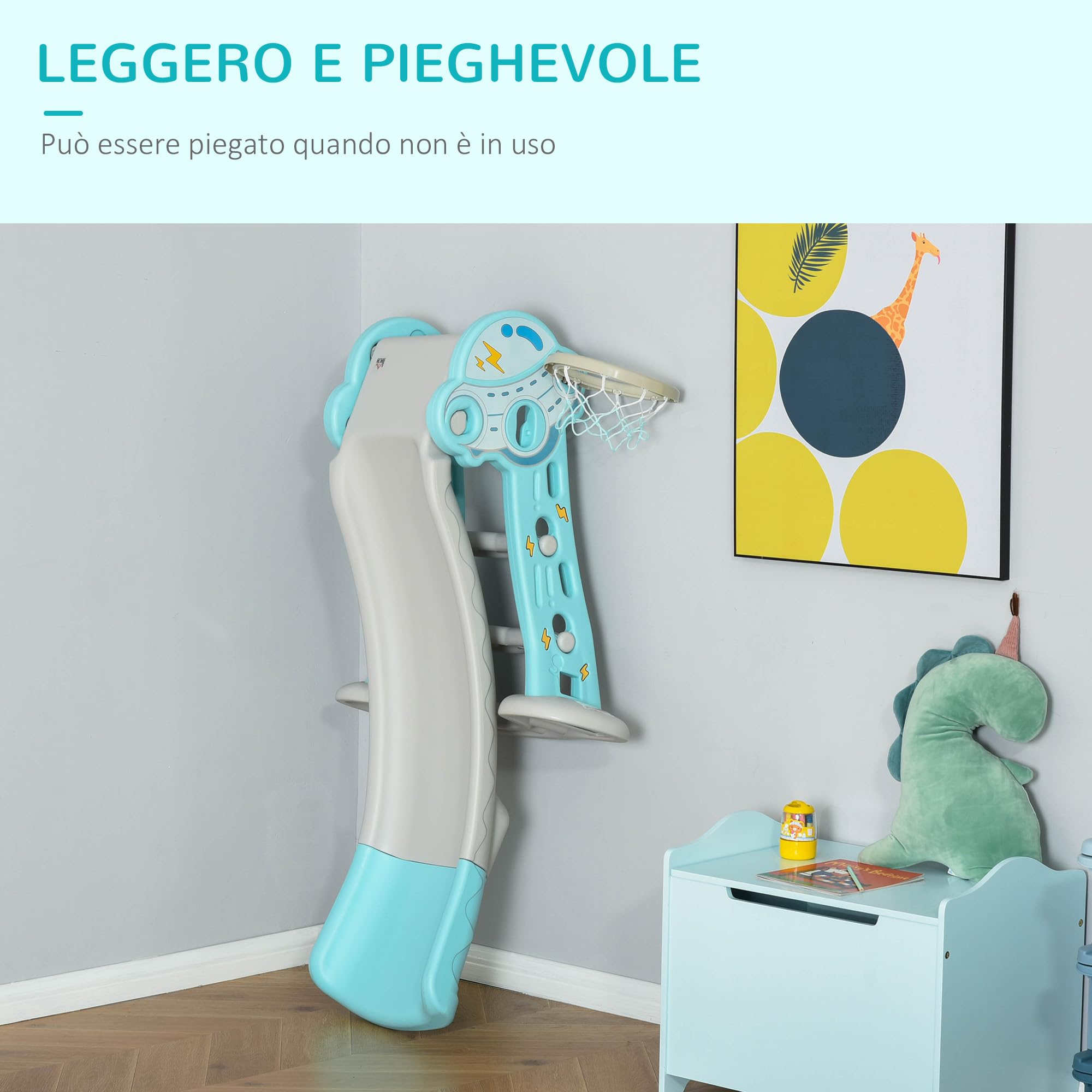 HOMCOM Scivolo per Bambini da 18 Mesi Pieghevole con 3 Scalini e Canestro Basket, Scivolo da Interno ed Esterno, 140x87x75cm, Blu e Grigio