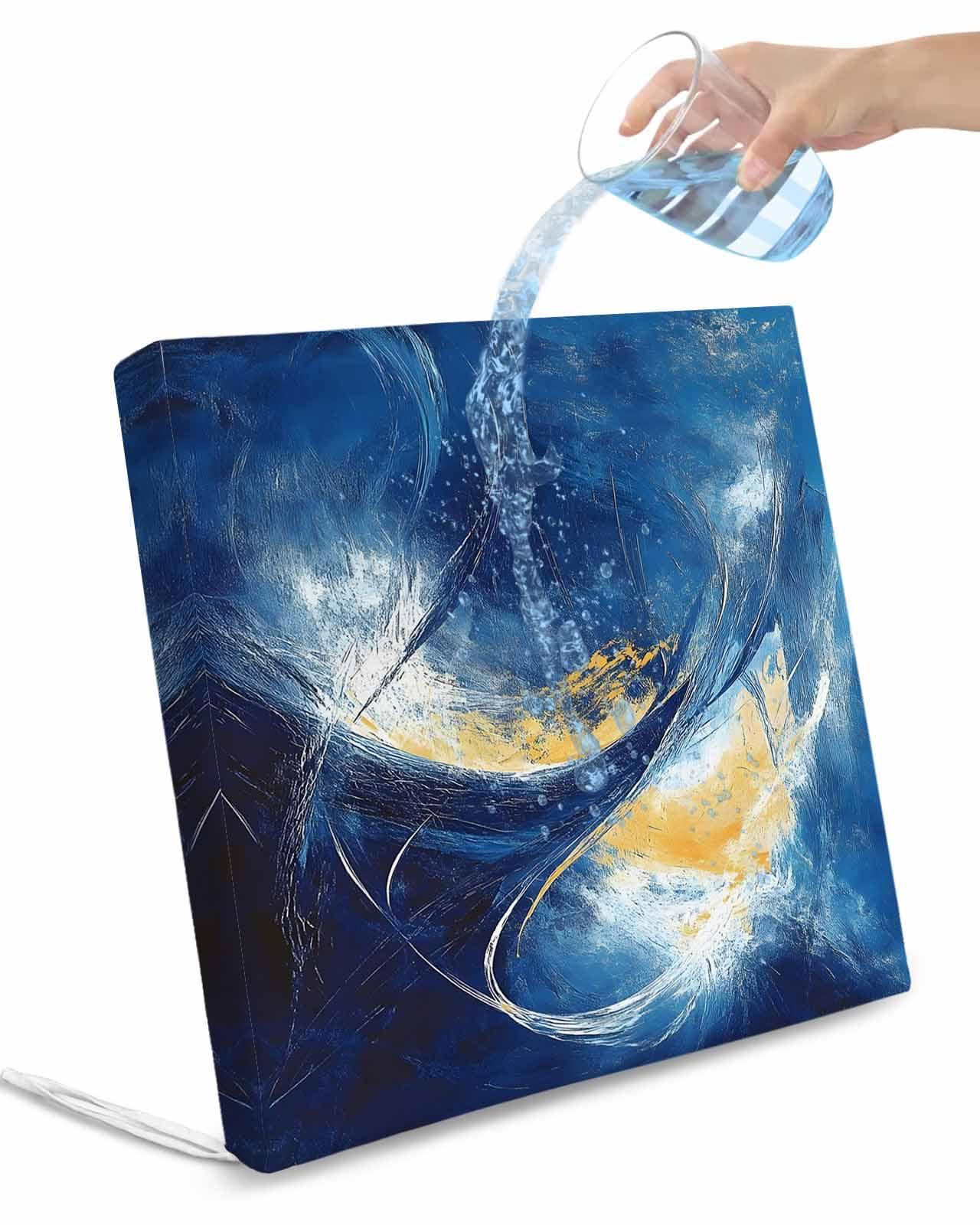 2 Pack Blue Yellow Abstract Waterproof Cushion Covers with Ties, Outdoor Patio Chaise Lounge Chair Seat Cushion Slip Covers Replacement(Only Cover) Modern Oil Painting Art 22