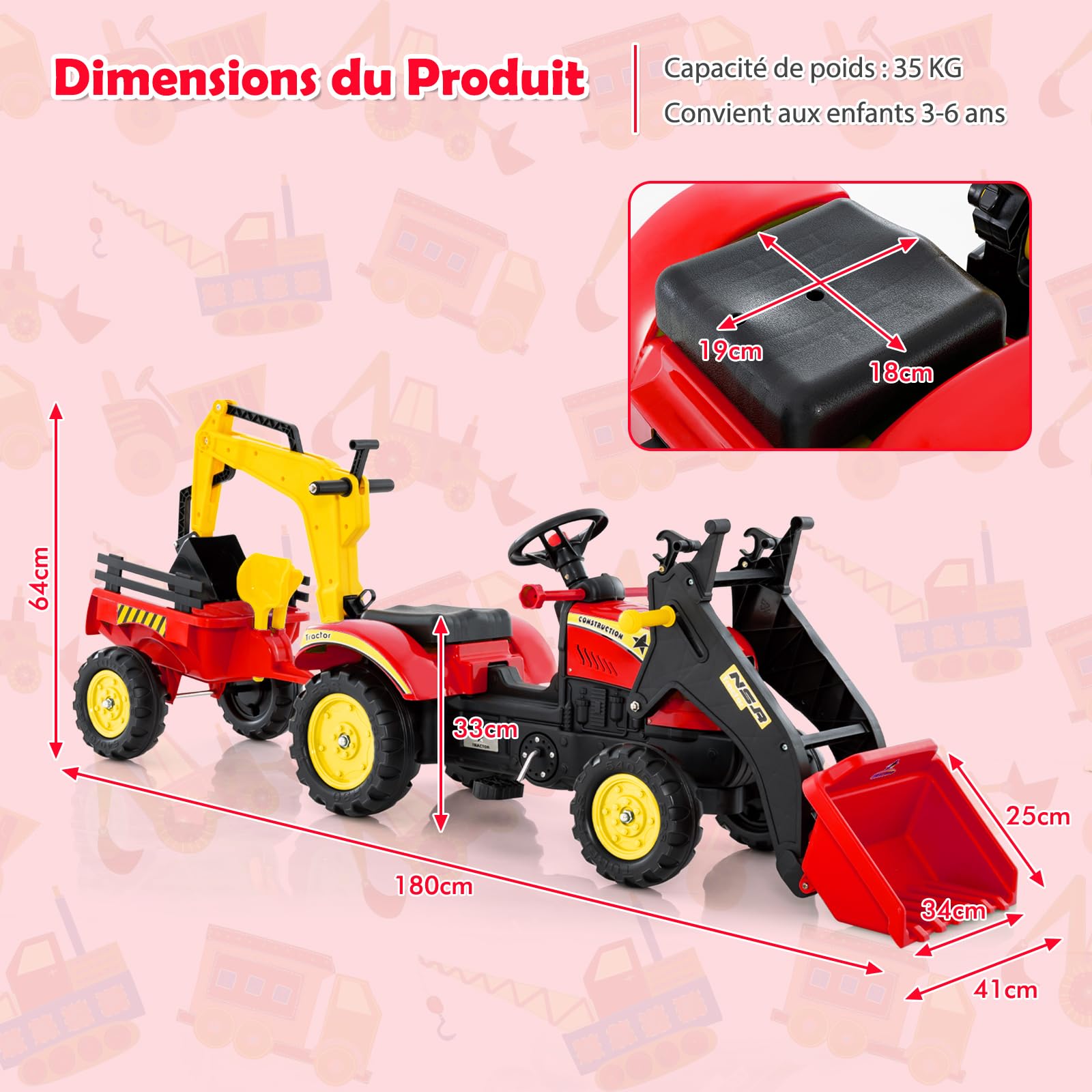 COSTWAY 3 en 1 Tractopelle Enfant avec Pelle & Remorque Amovible, Tracteur à Pédales Enfants avec Volant & 6 Pneus Durables, Charge 35kg, Pelleteuse pour Enfant de 3-6 Ans (Rouge)