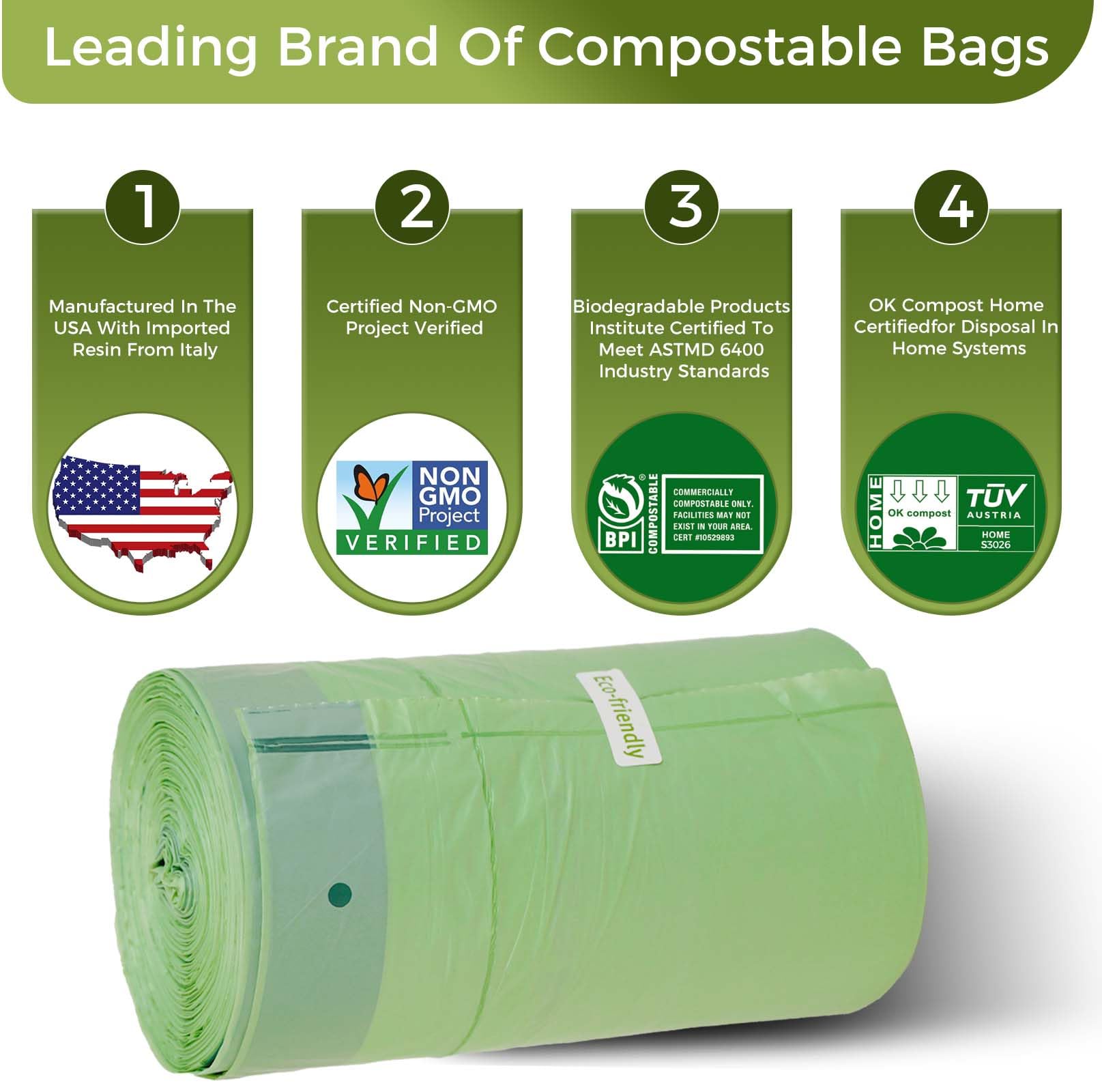 Bolsas de basura compostables de 3 galones con cordón, resistentes, extragruesas de 1 mil, 11.35 litros, 50 bolsas, pequeñas bolsas de residuos de comida de cocina, ASTM D6400, certificación US BPI y