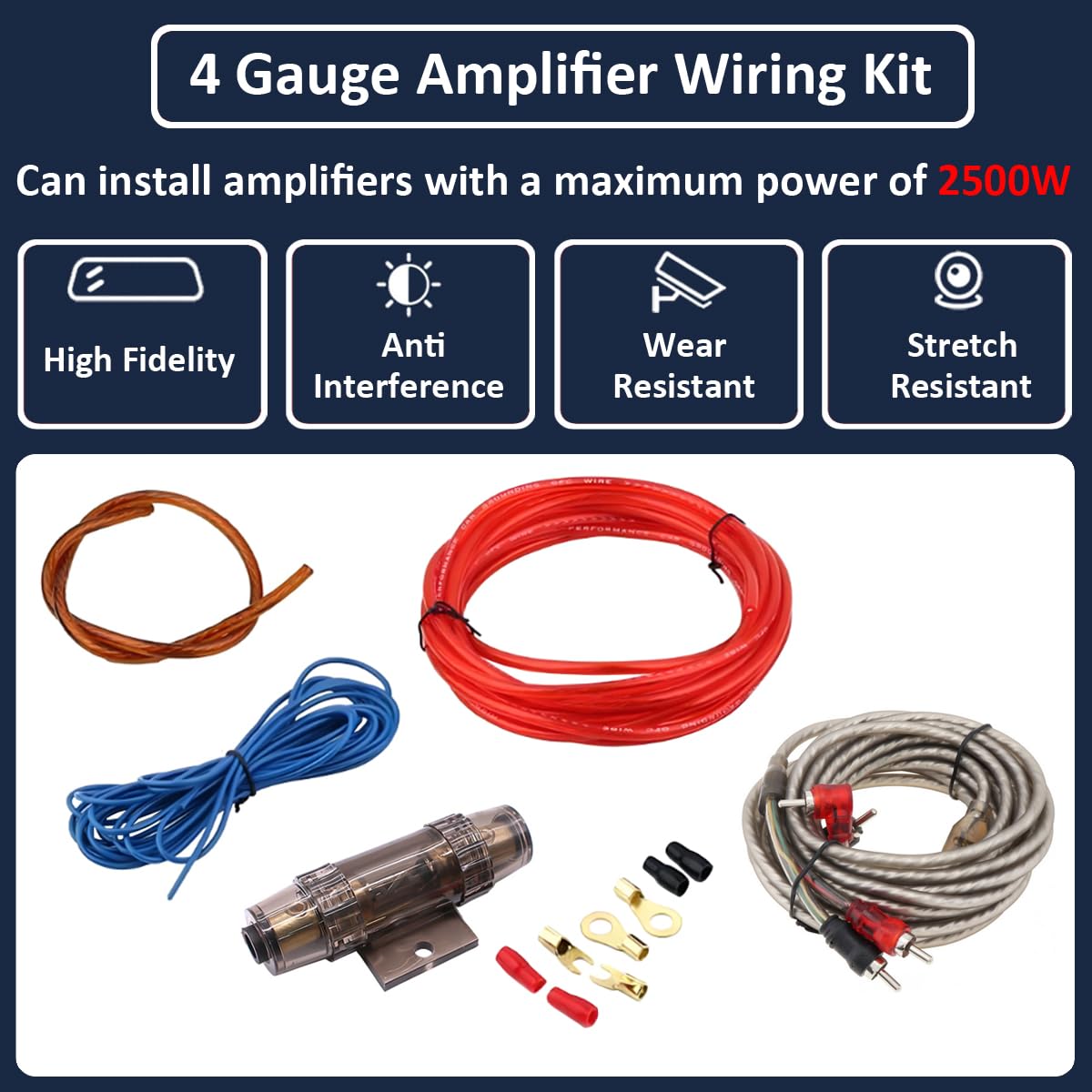 4GA Kit Cavi Amplificatore per Auto 4AWG Set di Cavo per Amplificatori 2500W Cablaggio Completo Ampli Installazione Audio Subwoofer Stereo Connettore RCA Fusibile