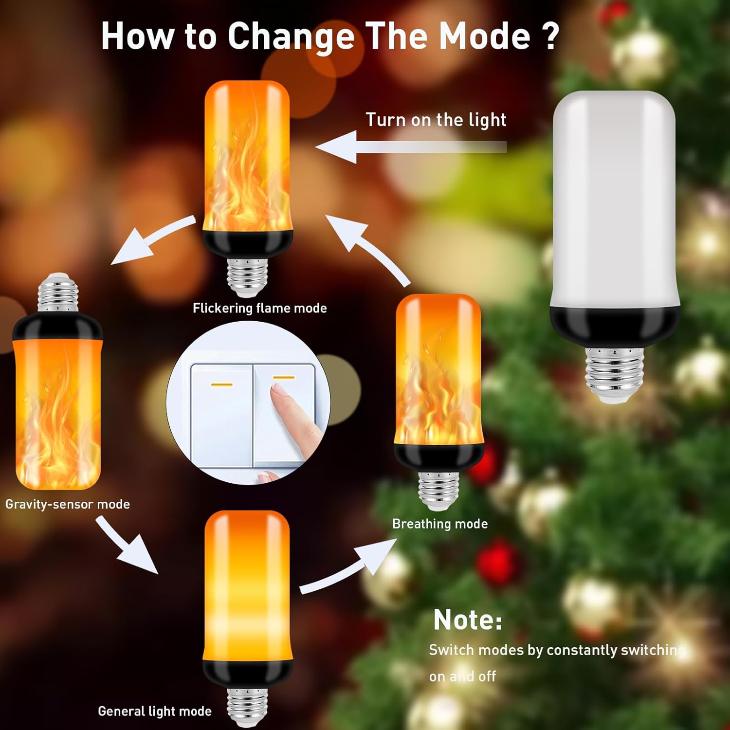 LED Flame Light Bulbs 4 Modes flickering light bulbs with Gravity Sensor, E26 Base Fire Light Bulb for Halloween, Christmas Decorations, Party, Outdoor, Indoor, Home Decor (2 Pack)