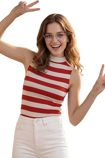 LASOON Women Striped Sleeveless High Neck Slim Fit Top | Casual Stretch Summer Tank