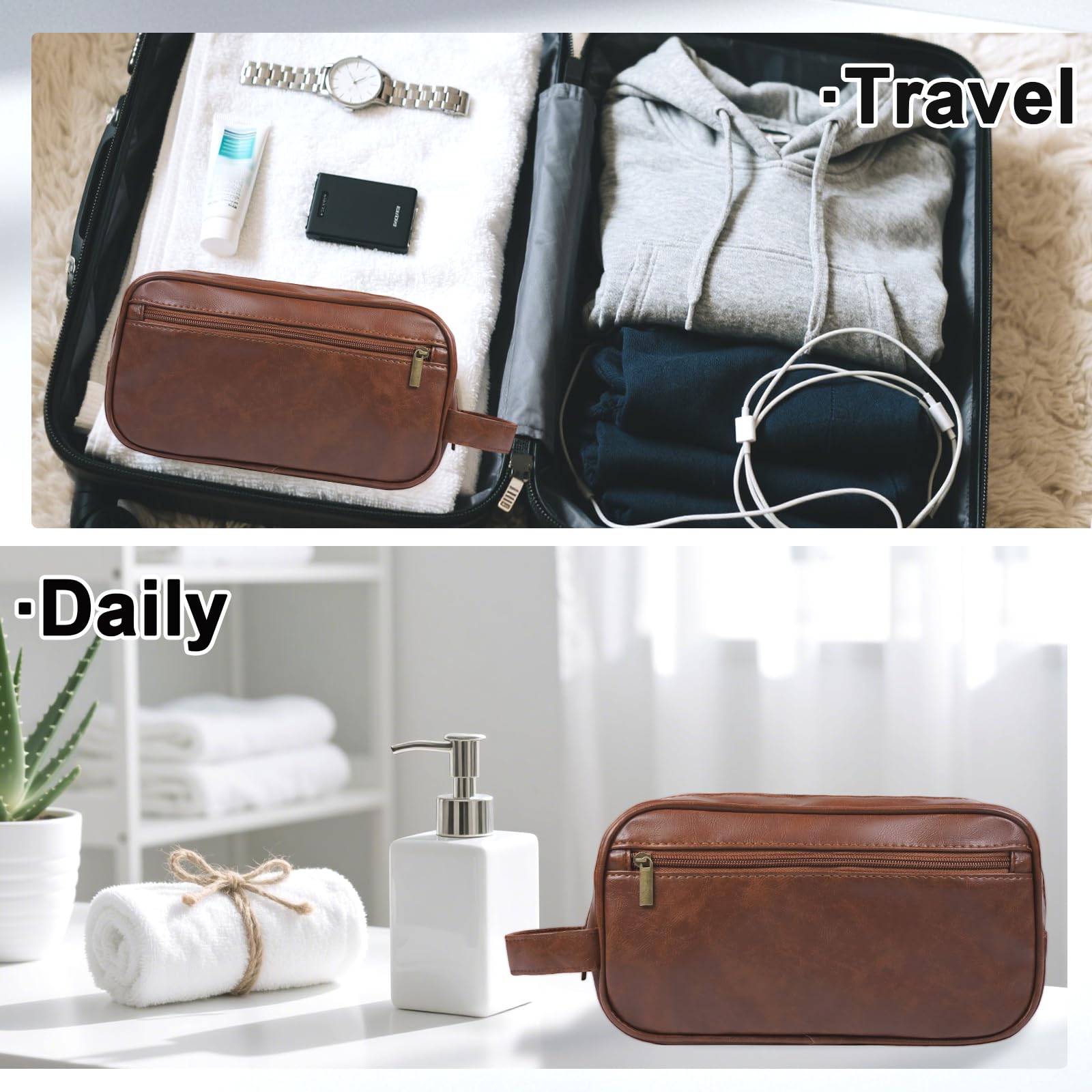 Neceser de viaje para hombre, regalo para hombres, de piel sintética, resistente al agua, bolsa de cosméticos con gran capacidad para accesorios de aseo personal, Marrón, Moderno