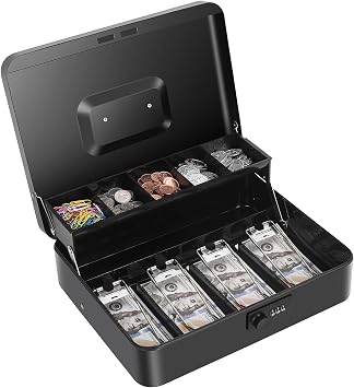 Cash Box with Money Tray and Combination Lock, Large Money Box for Cash Regiser, Safe Lock Box for Money Saving Metal 11.8"x9.45"x3.54" Black XL Large