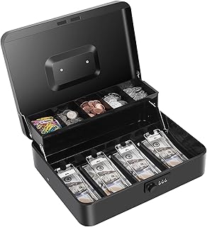 Cash Box with Money Tray and Combination Lock, Large Money Box for Cash Regiser, Safe Lock Box for Money Saving Metal 11.8"x9.45"x3.54" Black XL Large