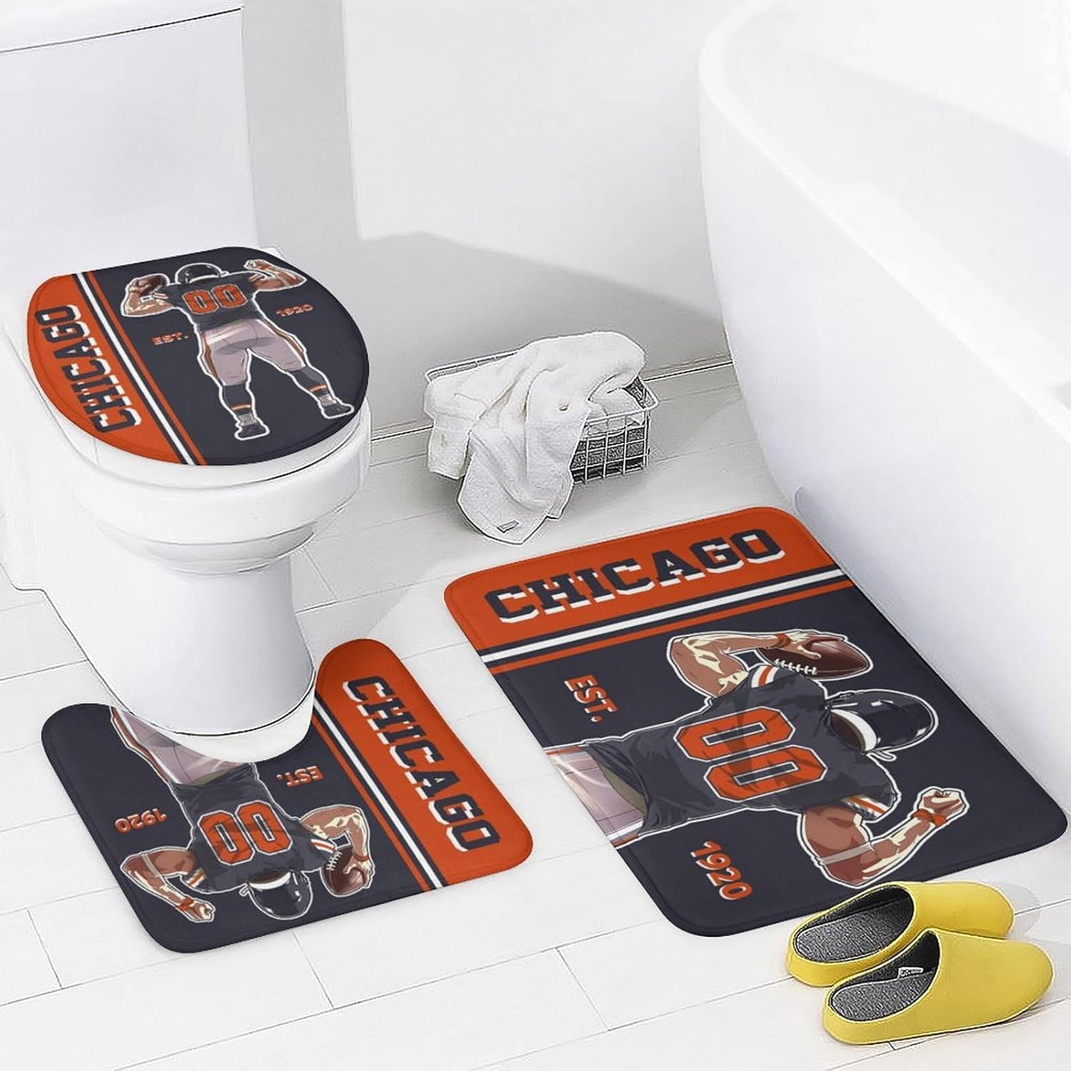 Custom 4PCS Chicago Shower Curtain Set, Personalized Name and Number Shower Curtain Set for Bathroom, Includes Bath Mat, Toilet Cover Mats, U-Shaped Mat and Shower Curtains 72 Inch X 72 Inch