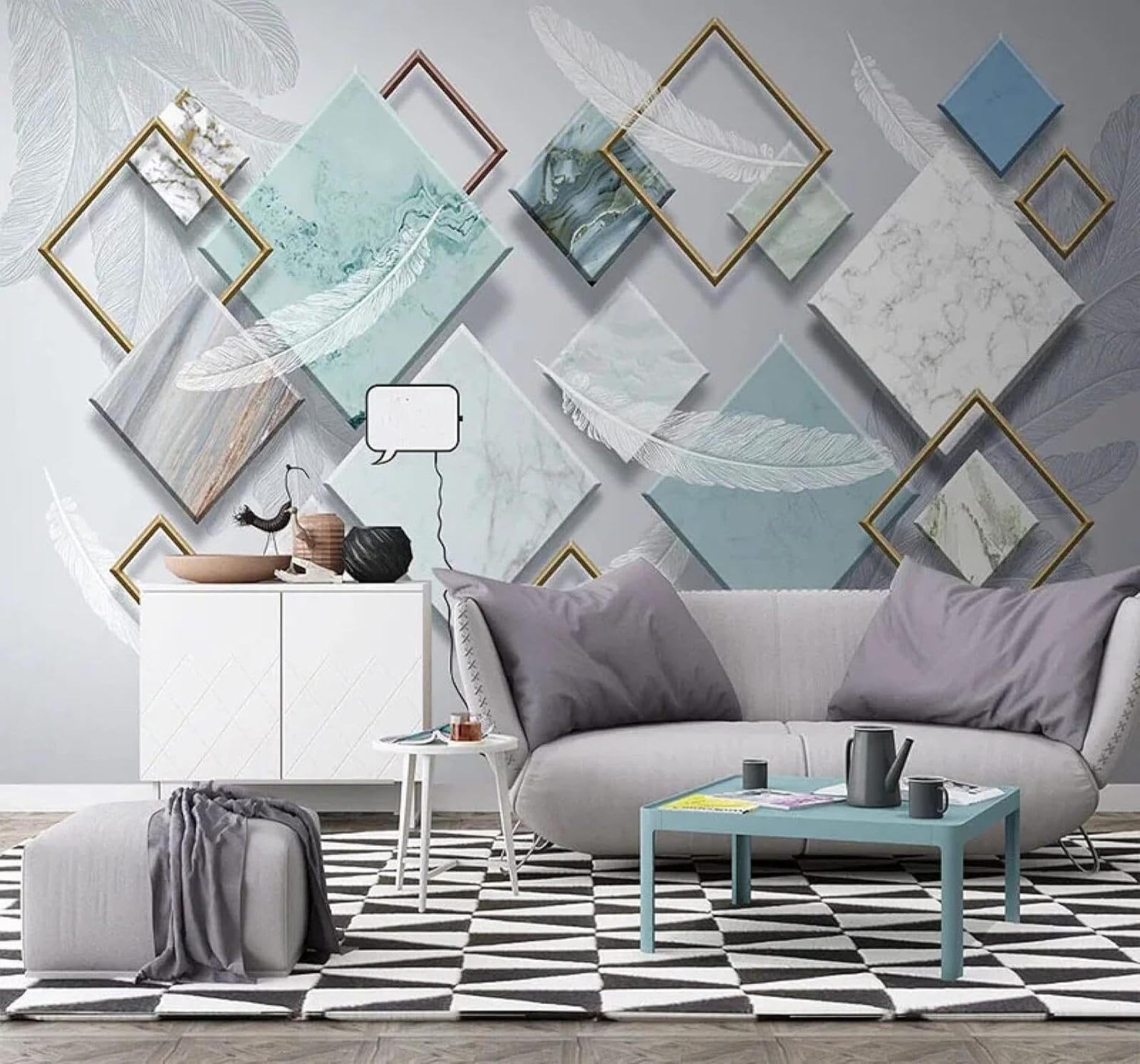 XLMING Three Dimensional Geometric Square White Feathers 3D Wallpaper Luxury Home Dining Decor Paste Sofa Living Room The Wall for Bedroom Mural-250cm×170cm