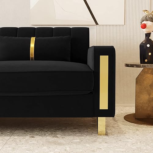 Miniatura 5 de Sofá moderno de terciopelo negro de 85.63 pulgadas con patas de metal dorado, tapizado grande, cómodo sofá de 3 plazas para sala de estar,