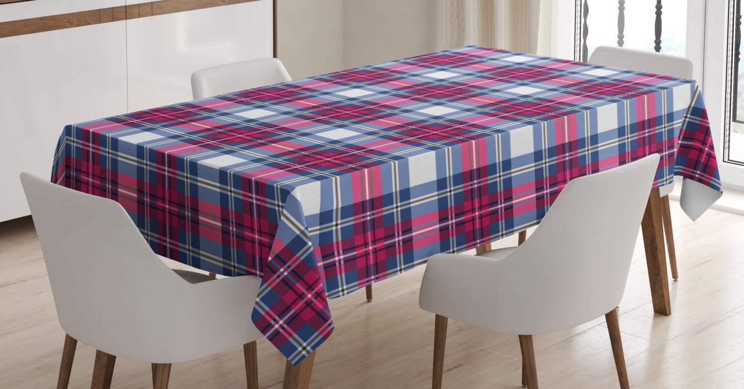 ABAKUHAUS Plaid Tovaglia, Pink And Blue Tartan, Rettangolare per Sala da Pranzo e Cucina, 140 cm x 240 cm, Rosa Grigio Blu