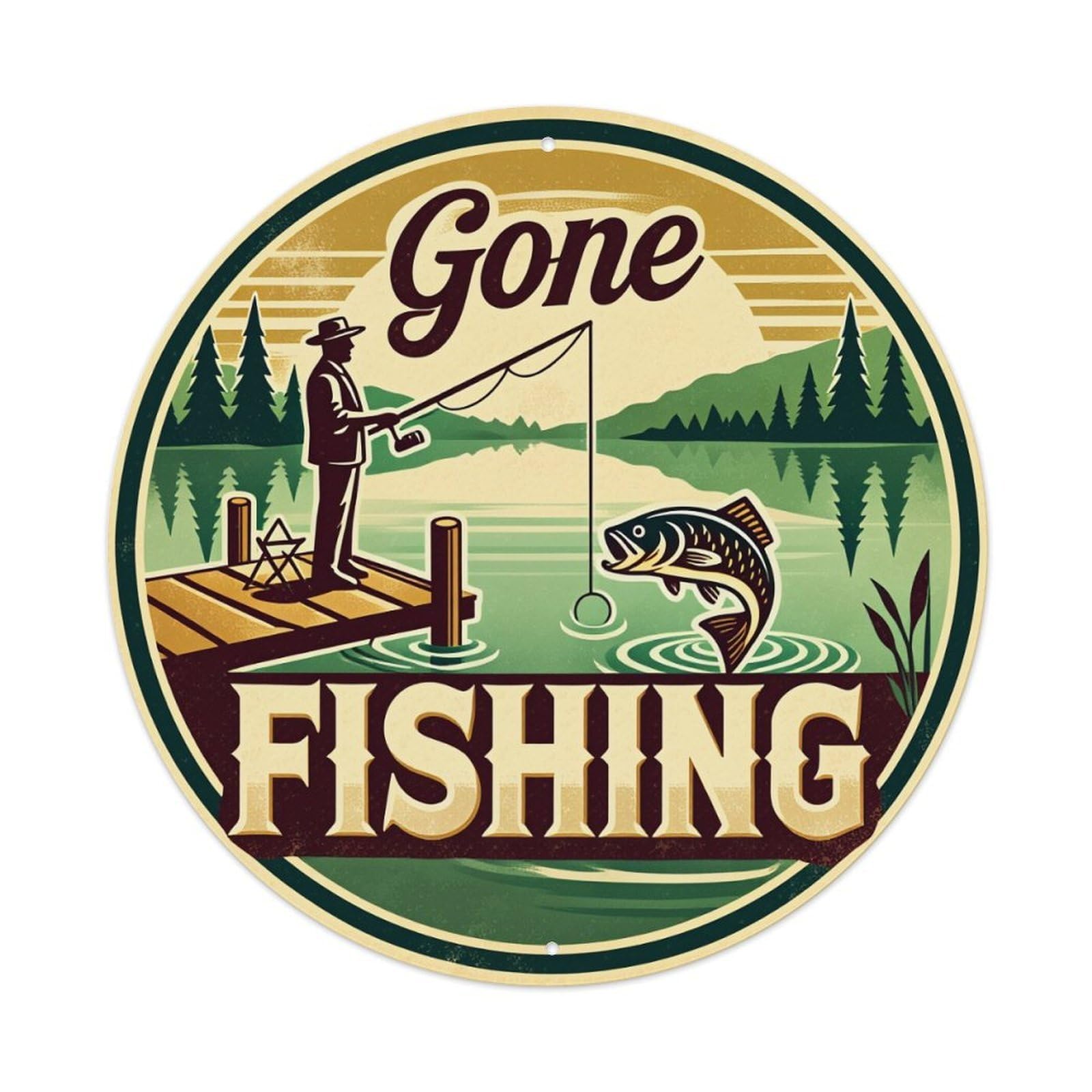 Gone Fishing Lake Scene Man Round Tin Sign Vintage Metal Poster, Home Bar Garage Man Cave Cafe Indoor & Outdoor Wall Decoration 8x8Inches