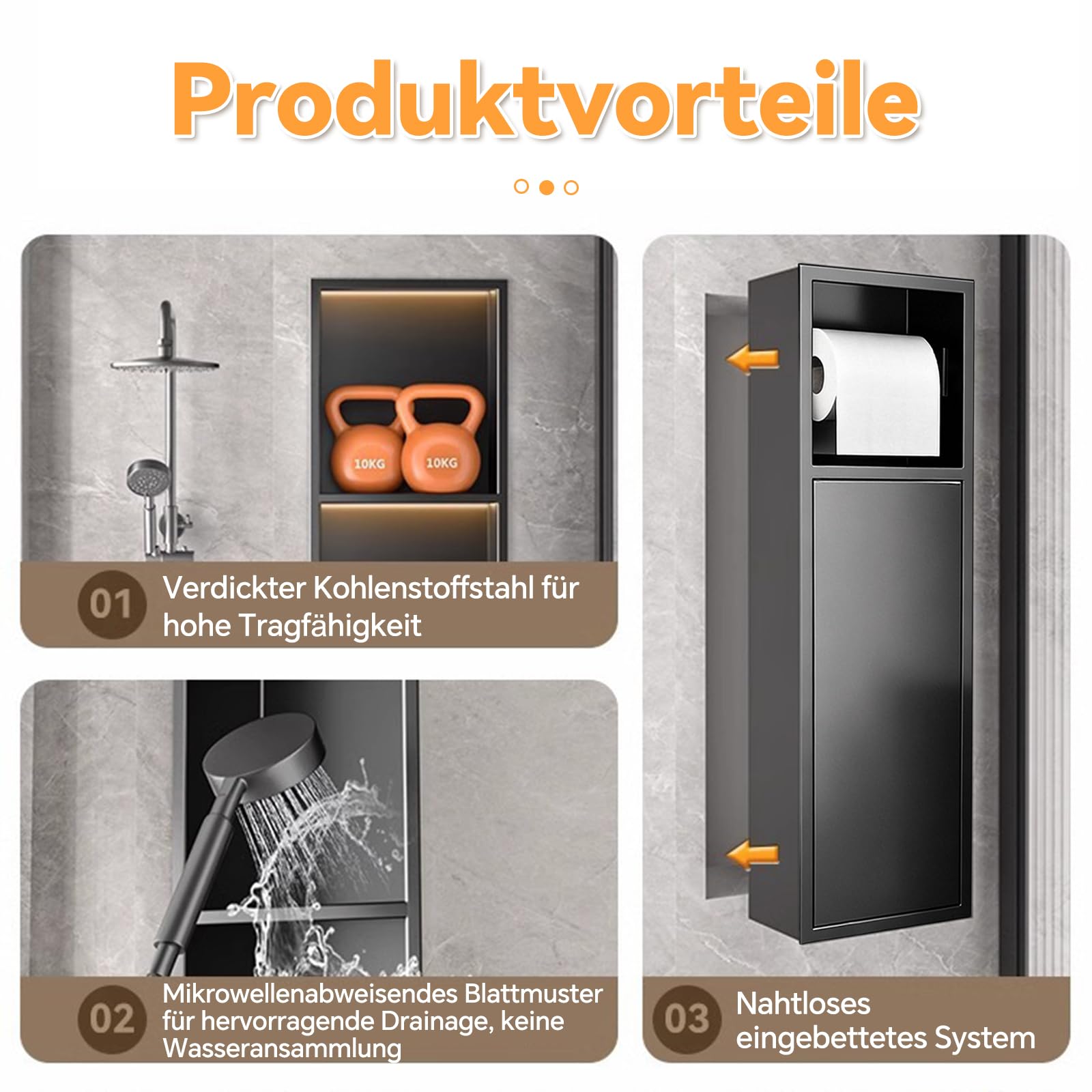 Portarrollos de papel higiénico empotrado de acero inoxidable con puerta corredera, armario de baño con portarrollos para el conjunto de escobillas, negro/blanco, 60 x 16,5 x 12,5 cm (negro)